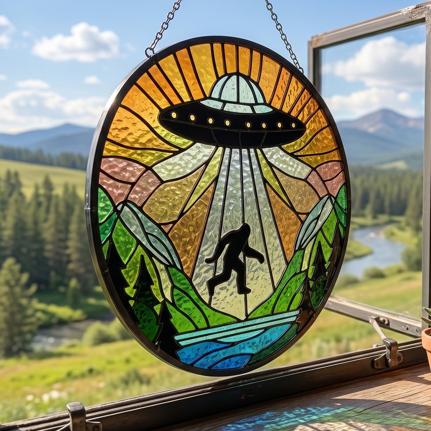 Bigfoot UFO Stain Glass Suncatcher