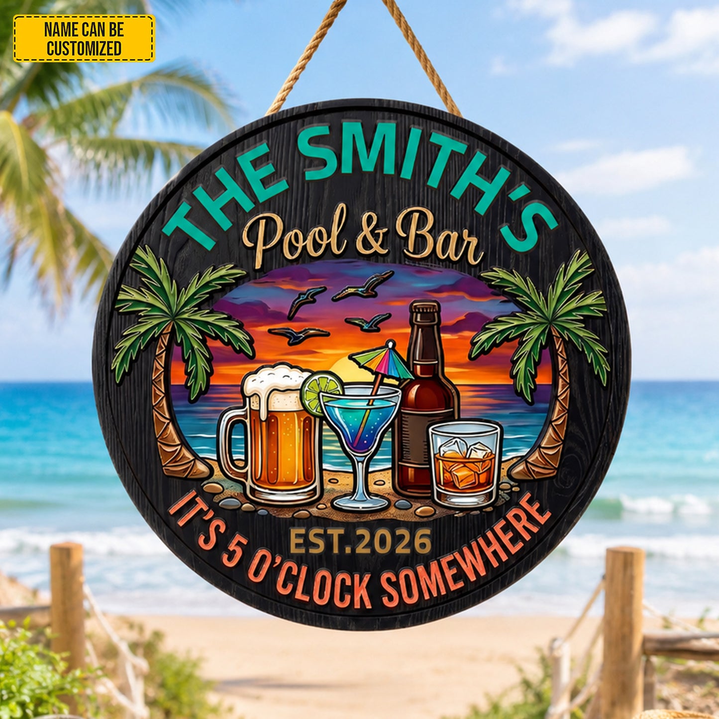 Tropical Beach Patio Decor – Personalized Pool Wooden Sign
