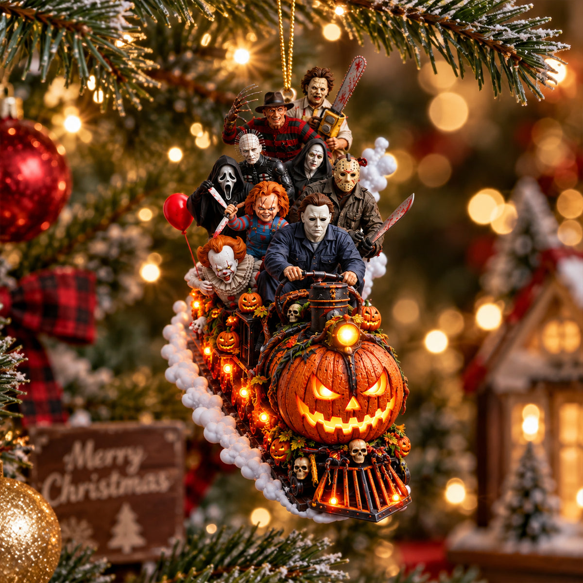Horror Icons Halloween Train Christmas Ornament – Spooky Slasher Characters Pumpkin Express Hanging Decoration, Horror Fan Gift