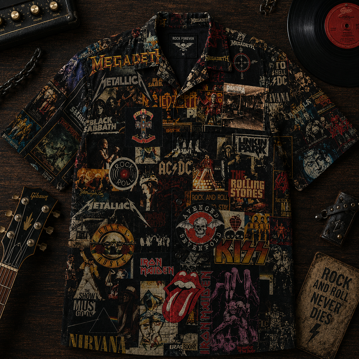Rock Legends Collage Hawaiian Shirt – Classic Rock & Heavy Metal Bands Vintage Shirt, Rock and Roll Music Fan Gift