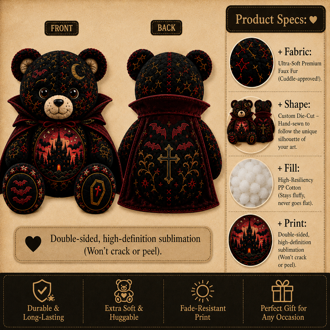 Vampire Night Bear Custom Shaped Pillow – Gothic Halloween Gift for Vampire & Spooky Season Lovers