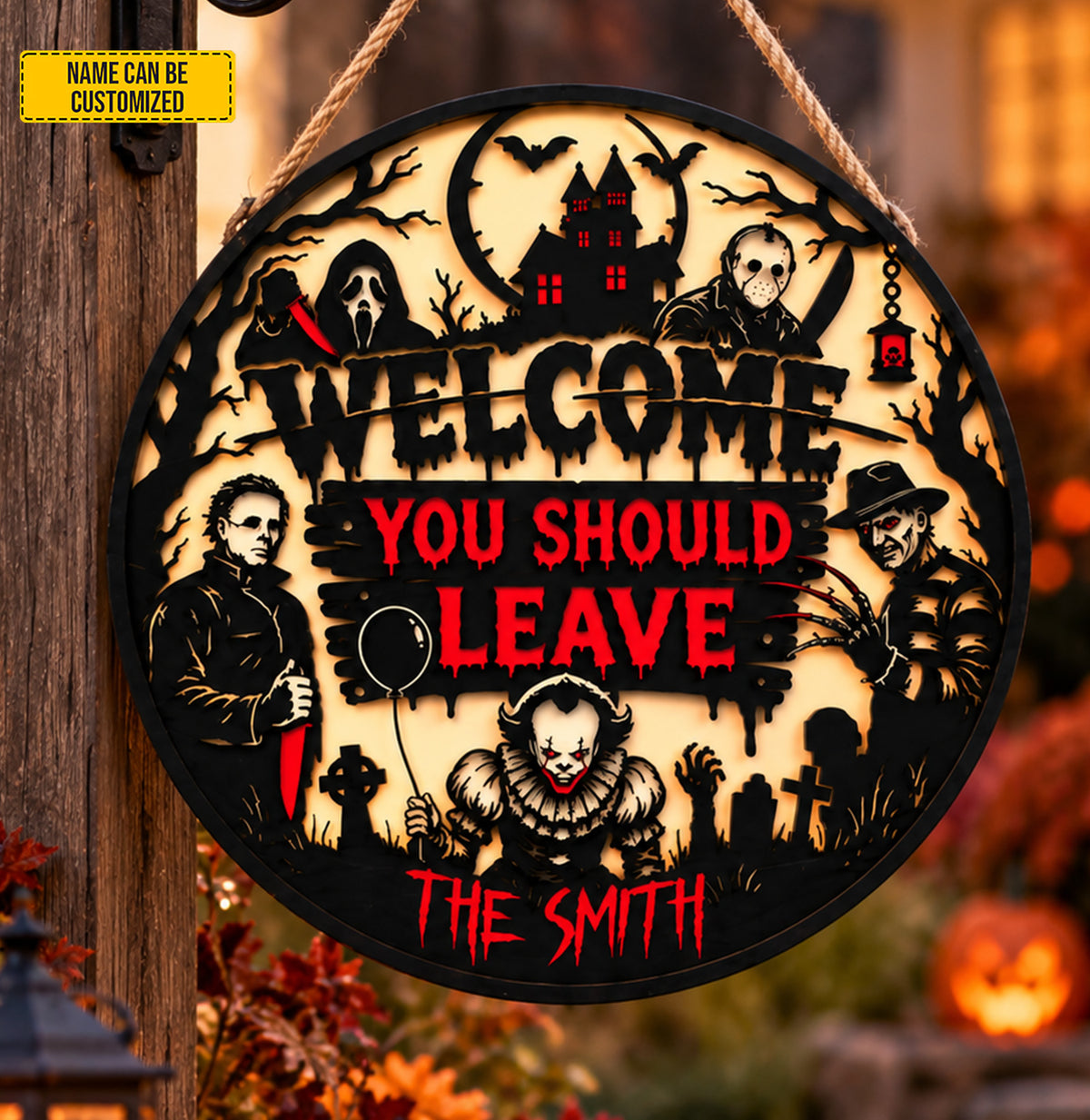 Personalized Horror Halloween Wood Sign – Custom Family Name Wall Decor
