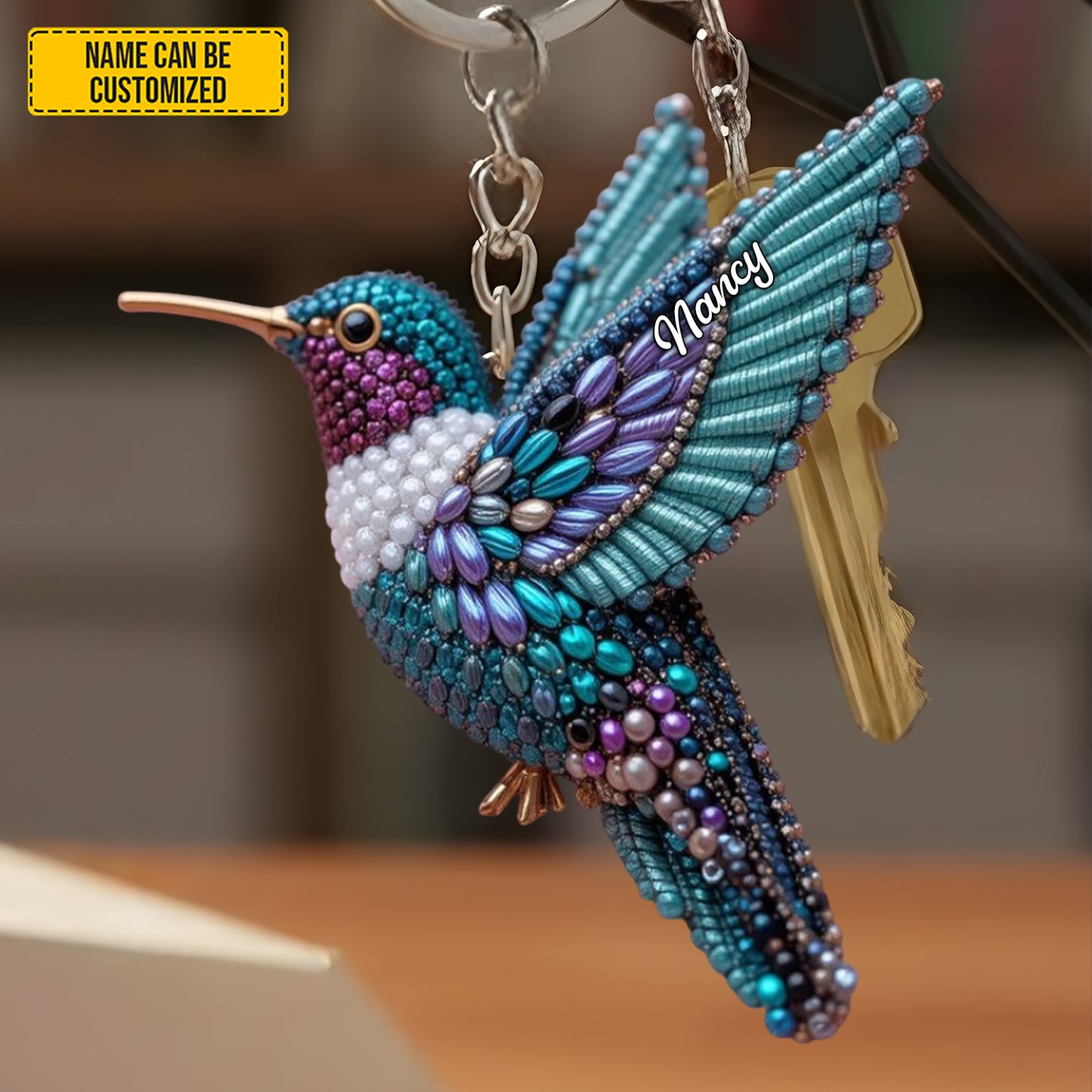 Personalized Colorful Sparkle Hummingbird Keychain