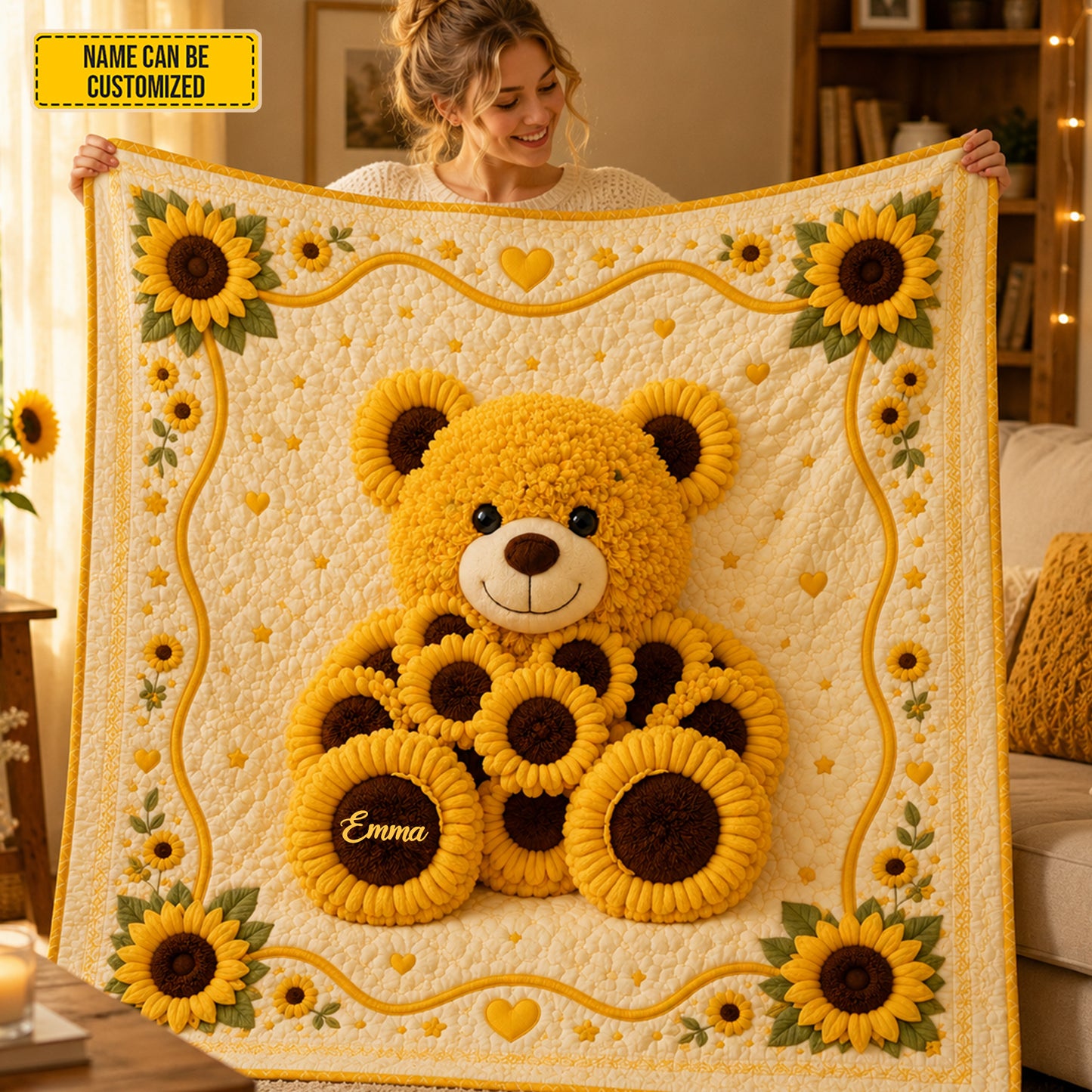 Personalized Cute Sunflower Bear Blanket