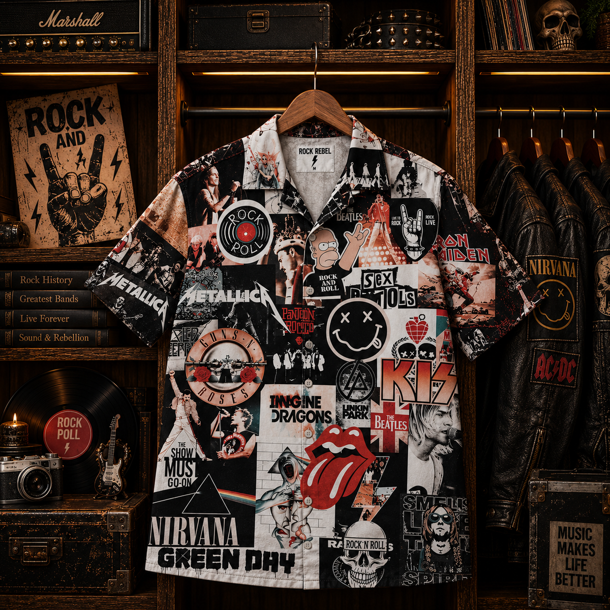 Rock N Roll Legends Collage Hawaiian Shirt – Vintage Rock Bands Music Shirt, Classic Rock & Grunge Fan Gift