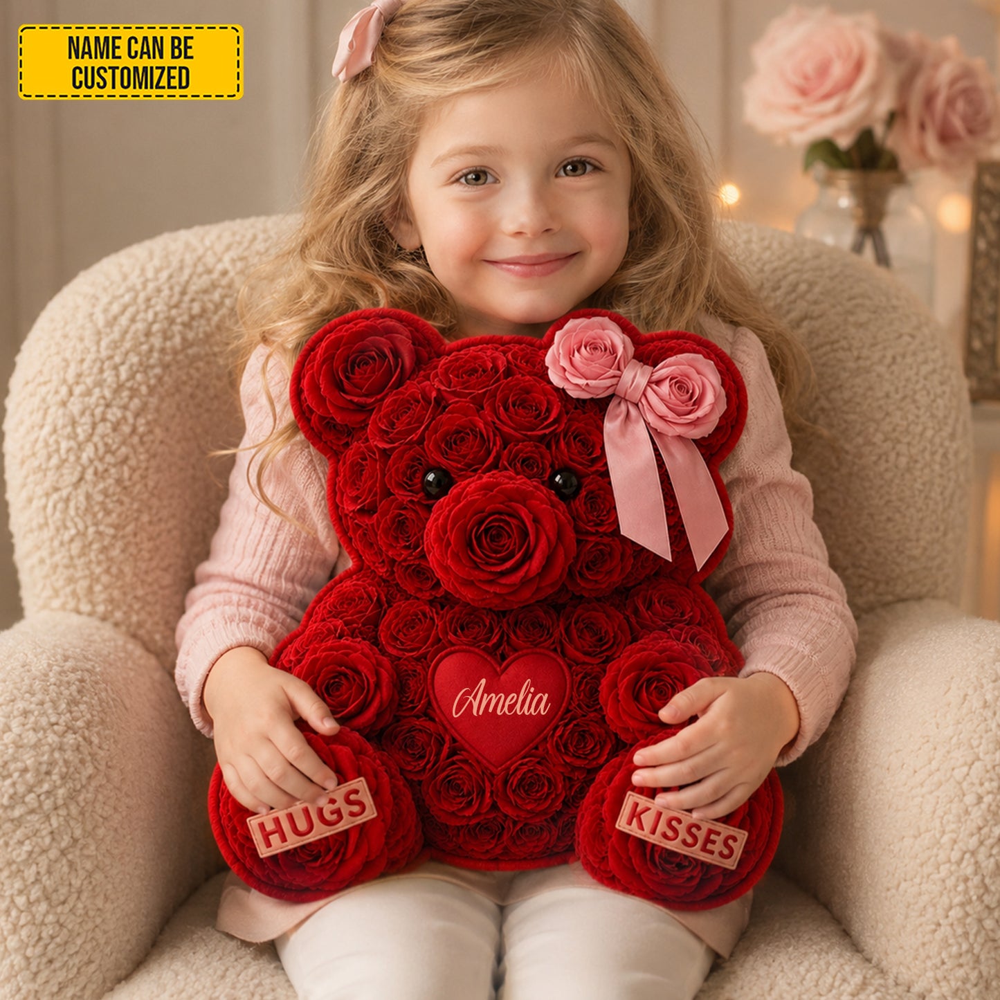 Personalized Rose Bear With Bow Pillow
