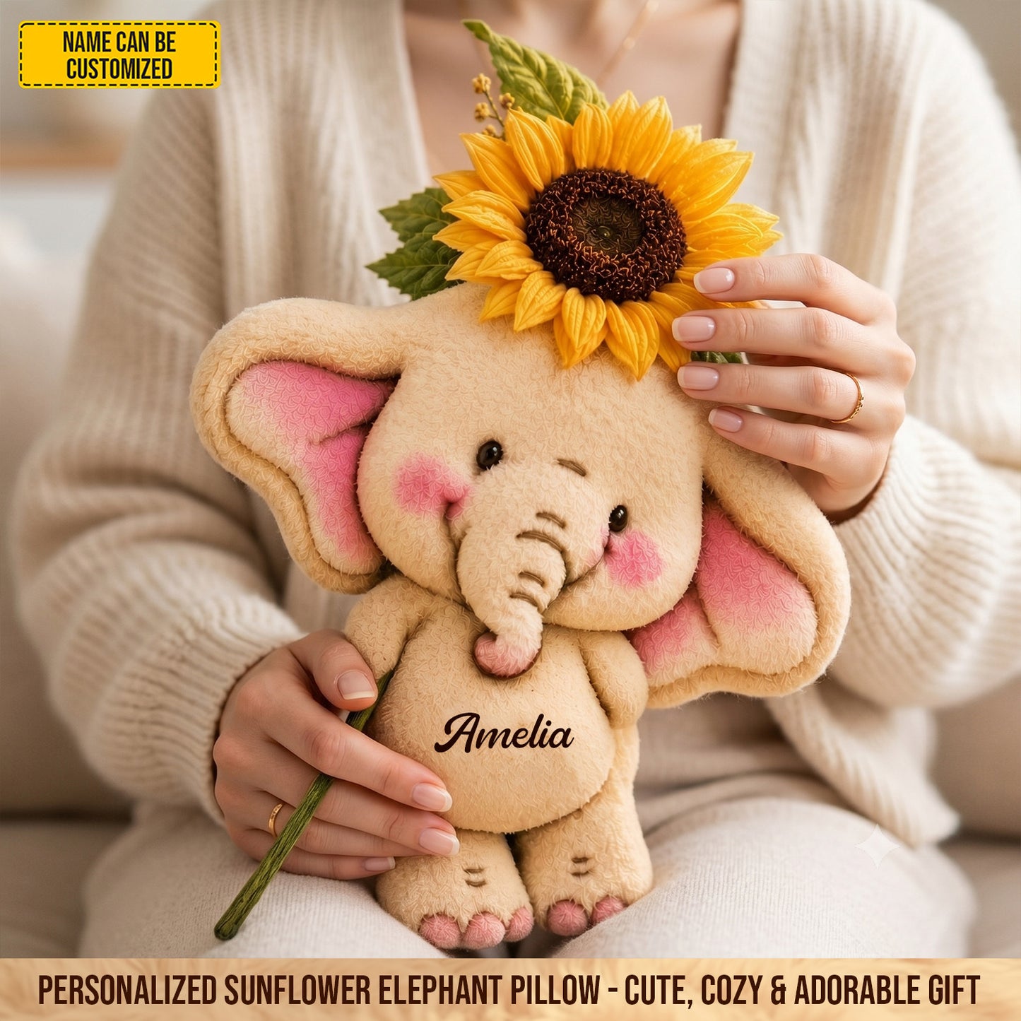 Personalized Cute Sunflower Elephant Pillow