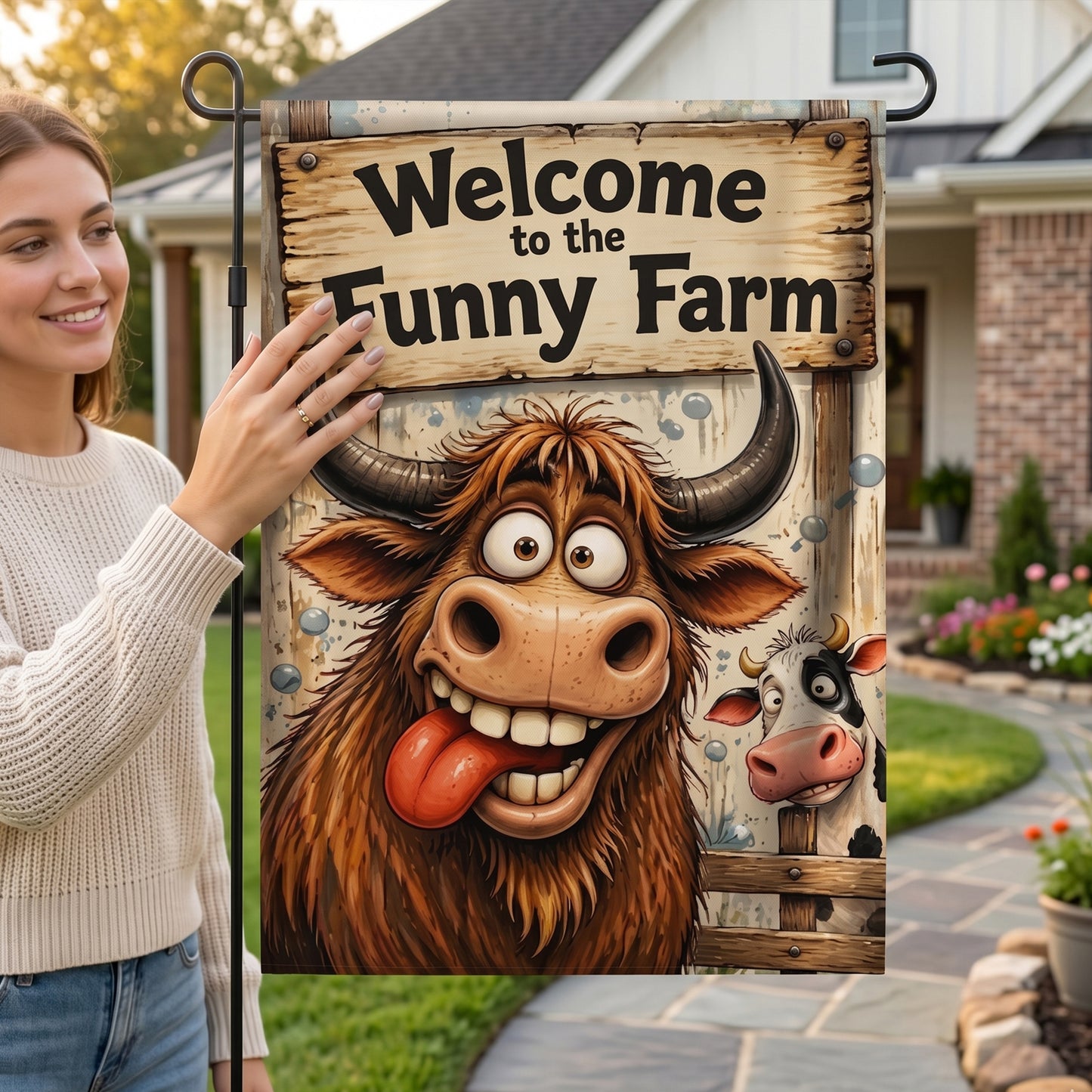 Welcome to the Funny Farm - Cow Garden Flag