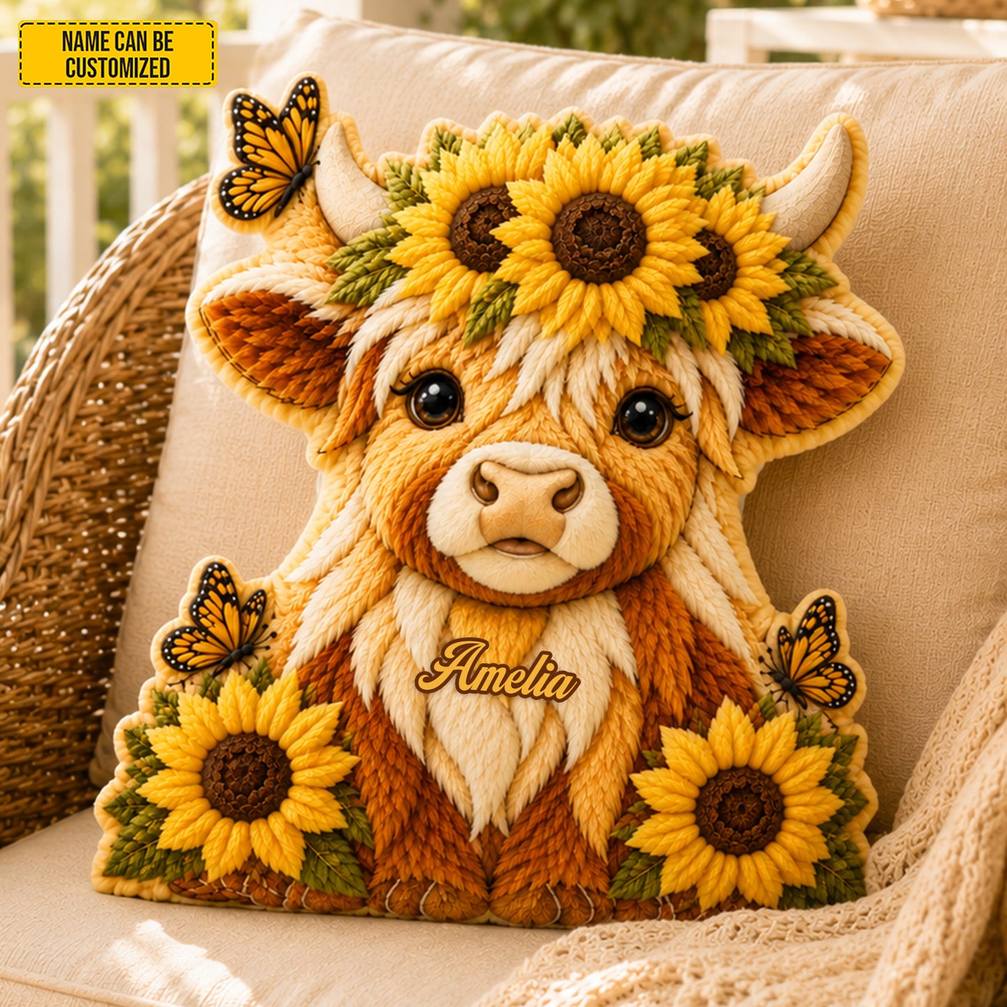 Personalized Cozy Highland Cow With Sunflower Shaped Pillow
