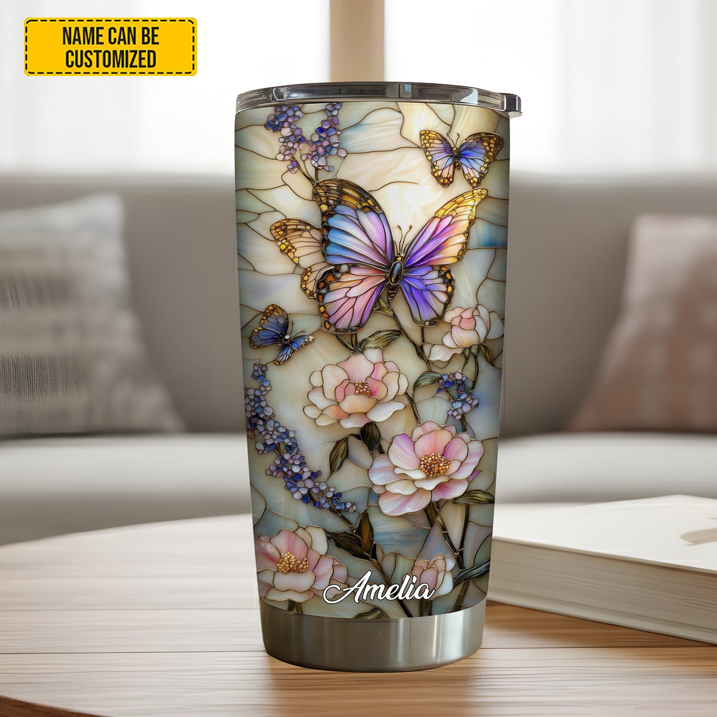 Personalized Butterfly Floral Stained Glass Tumbler