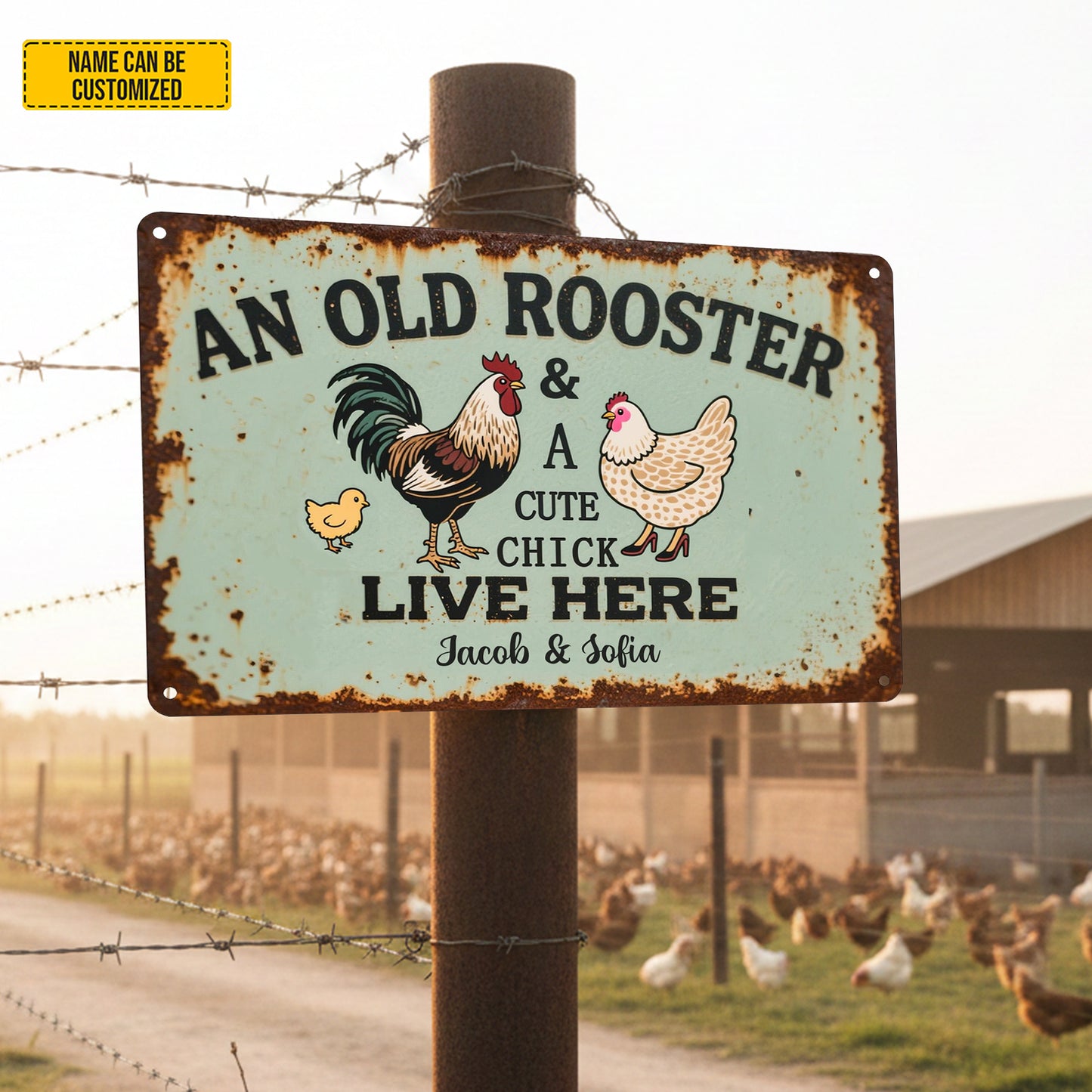 An Old Rooster & A Cute Chick - Personalized Chicken Metal Sign