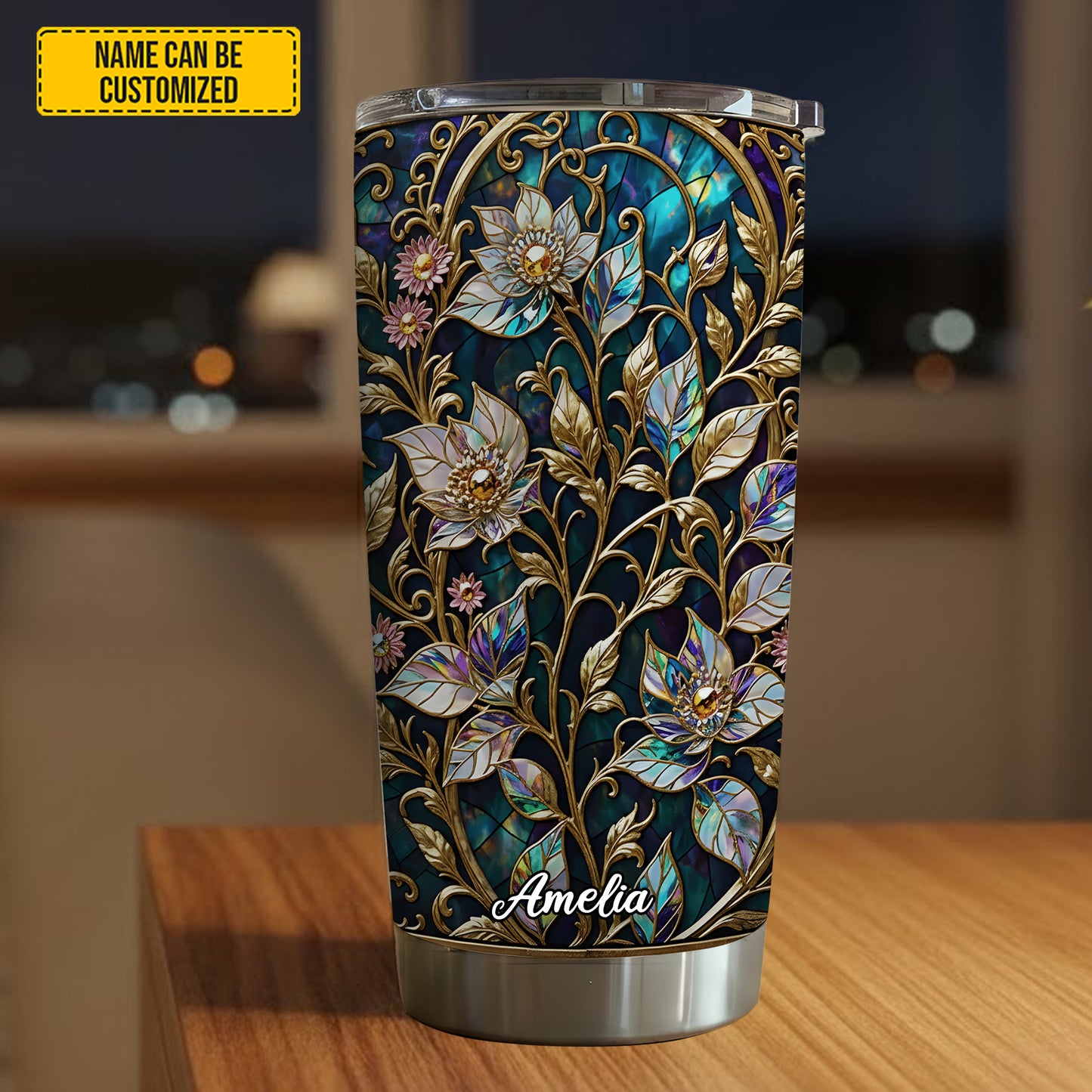 Personalized Waxflower & Celestial Quartz Stained Stained Glass Tumbler