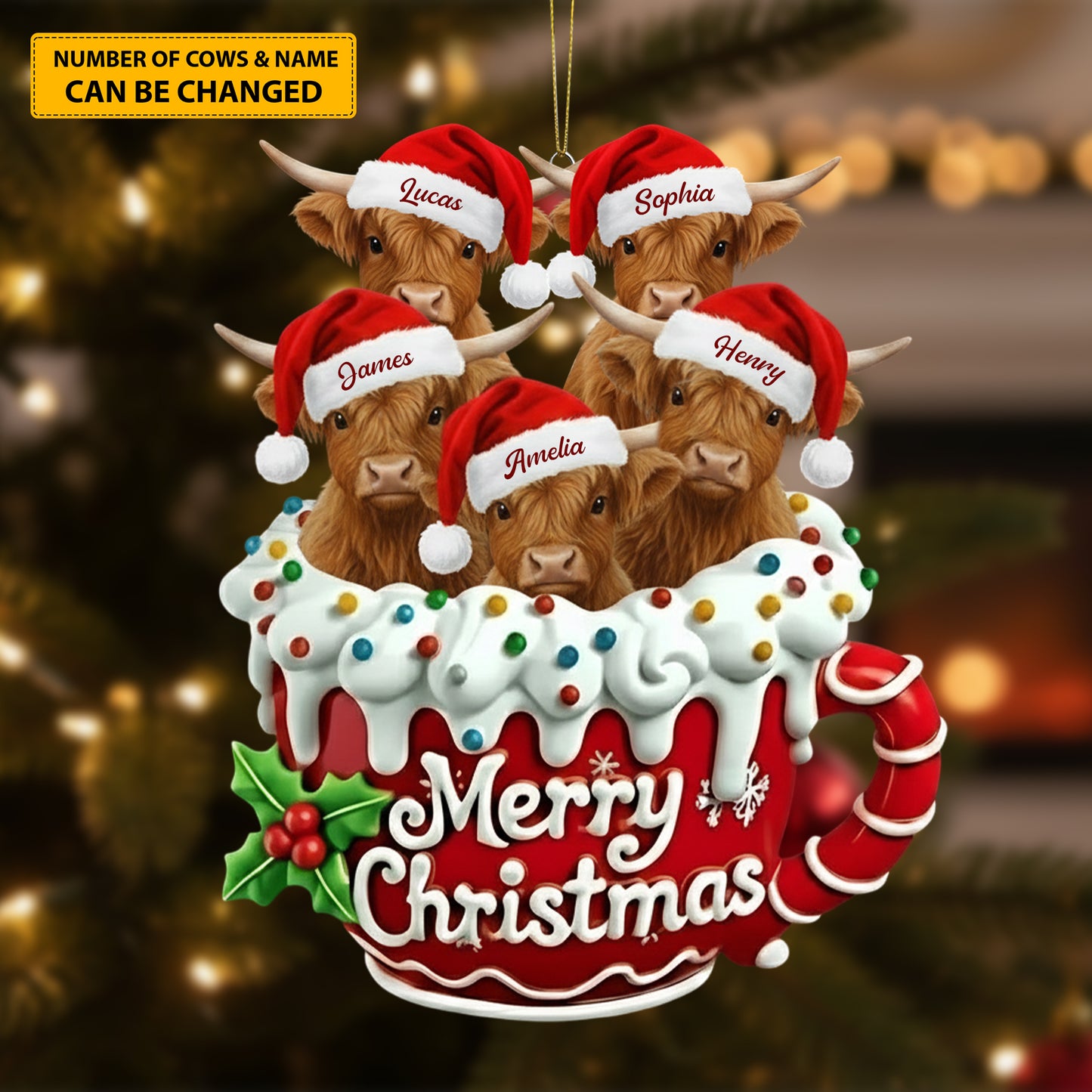 Merry Christmas Personalized Highland Cow Family Ornament