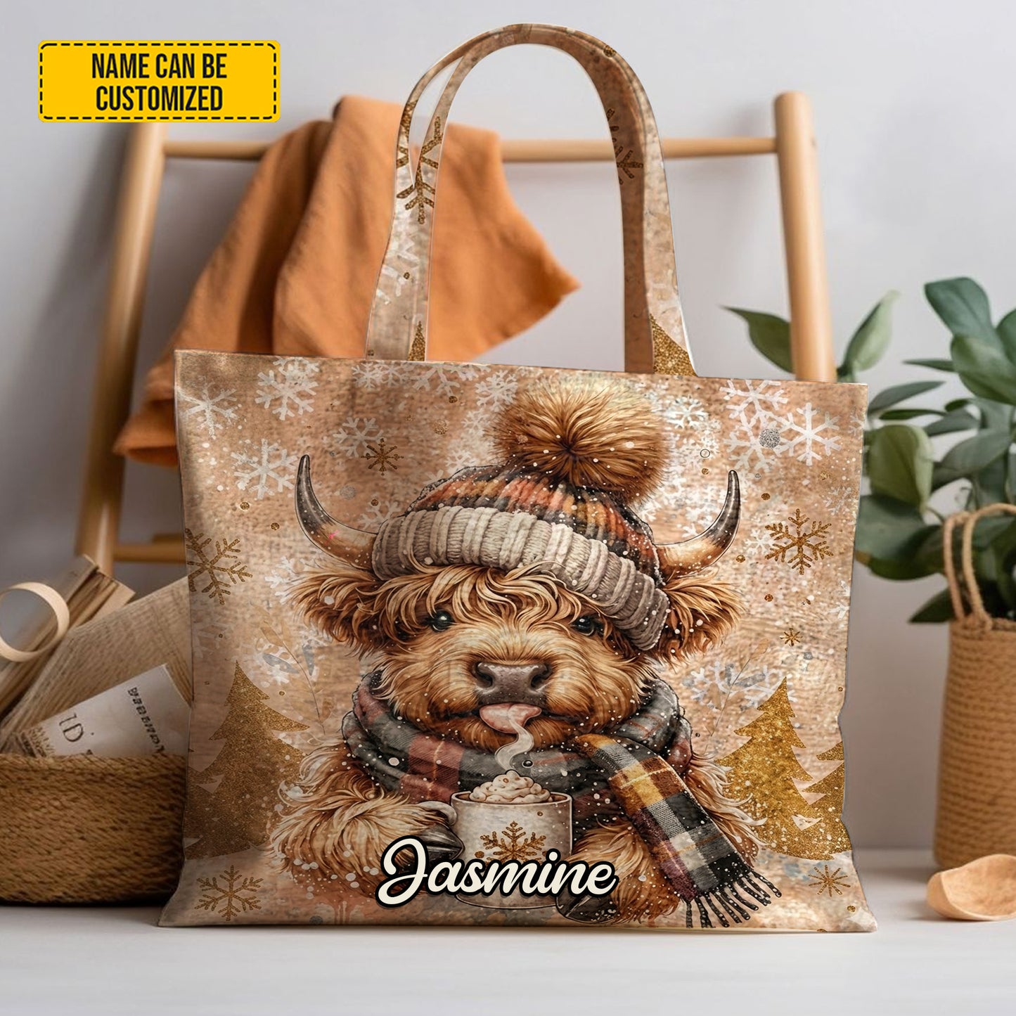 Personalized Highland Cow Winter Tote Bag