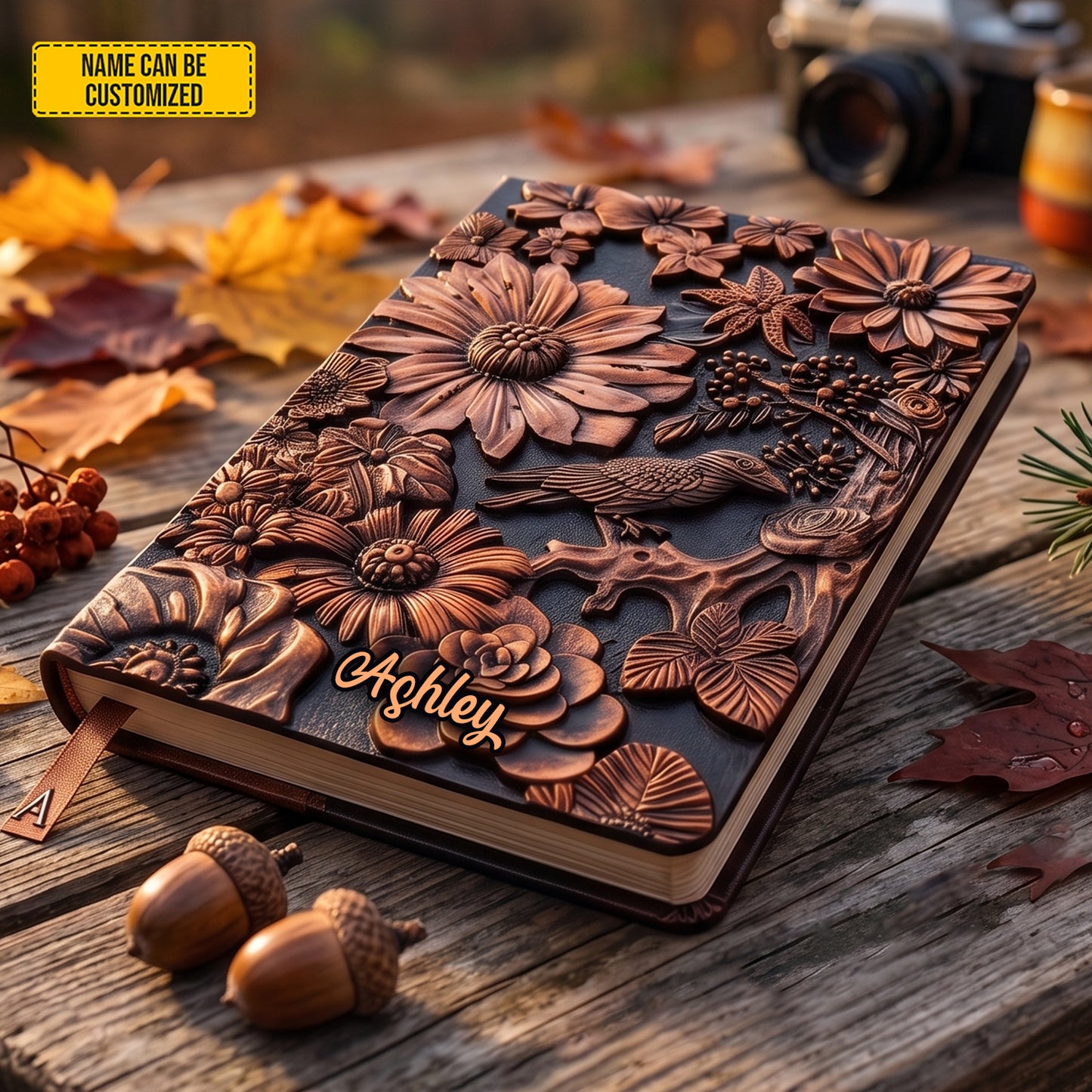 Personalized Embossed-Style Floral Leather Journal
