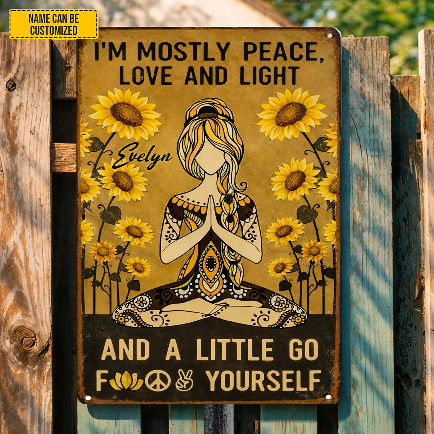 Personalized Sunflower Hippie Yoga Metal Sign