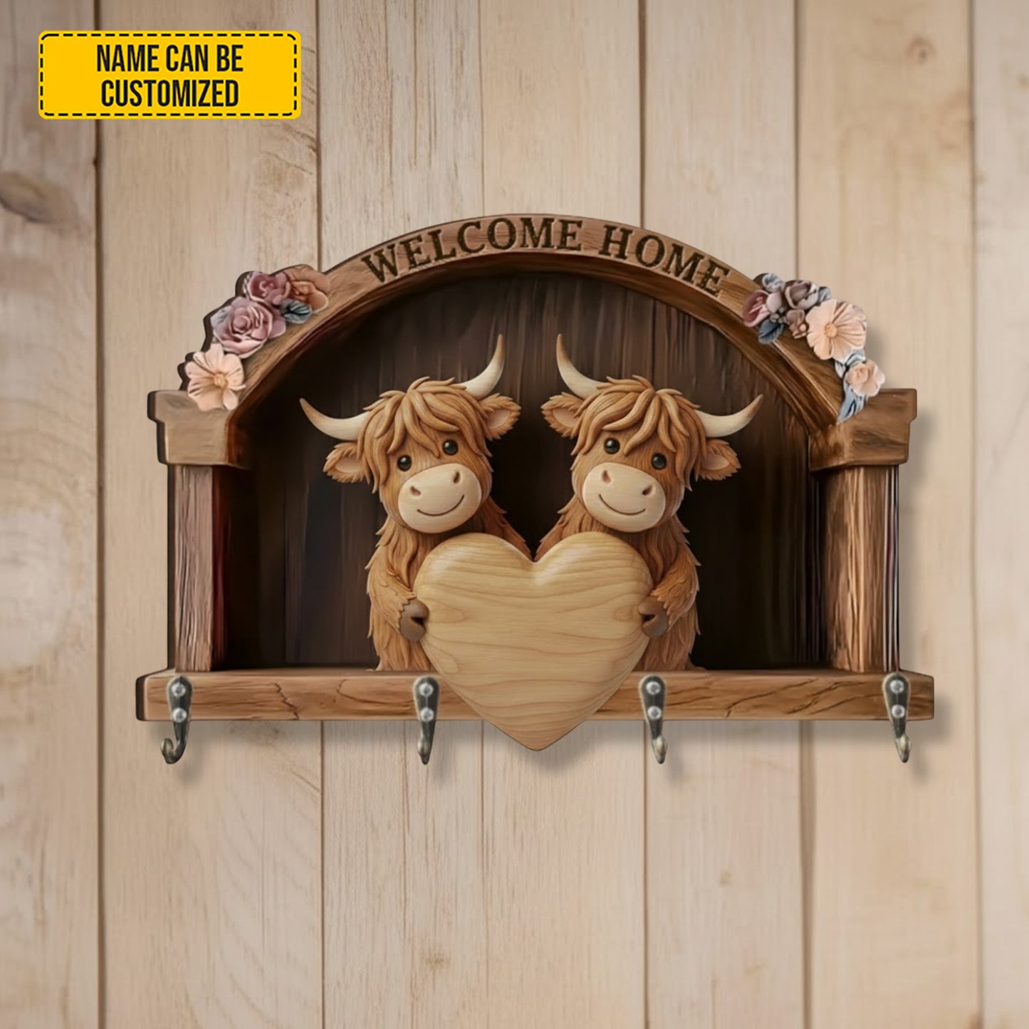 Personalized Highland Cow Couple Custom Shaped Key Rack