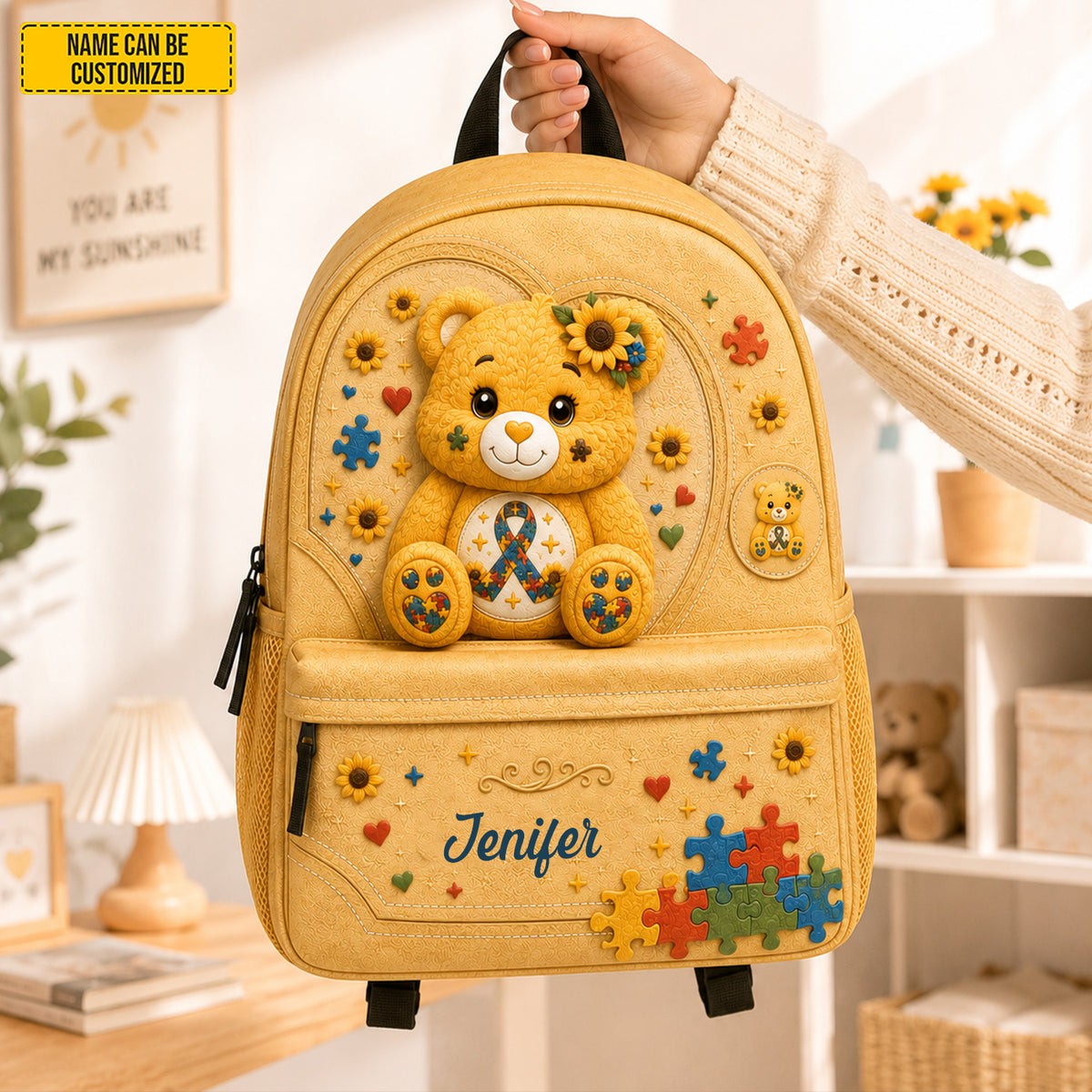Personalized Autism Sunflower Bear Kids Backpack