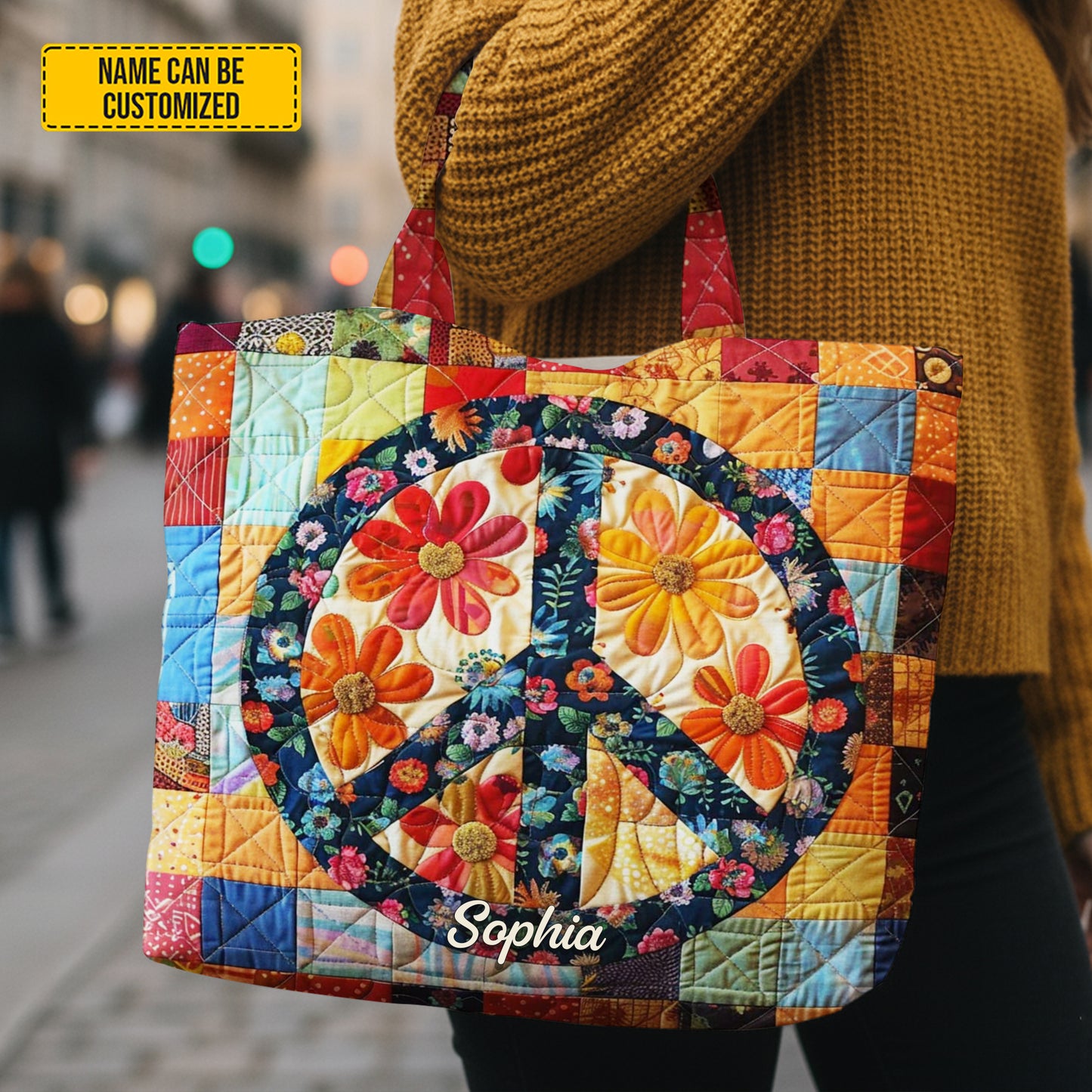 Personalized Hippie Peace Quilted Tote Bag