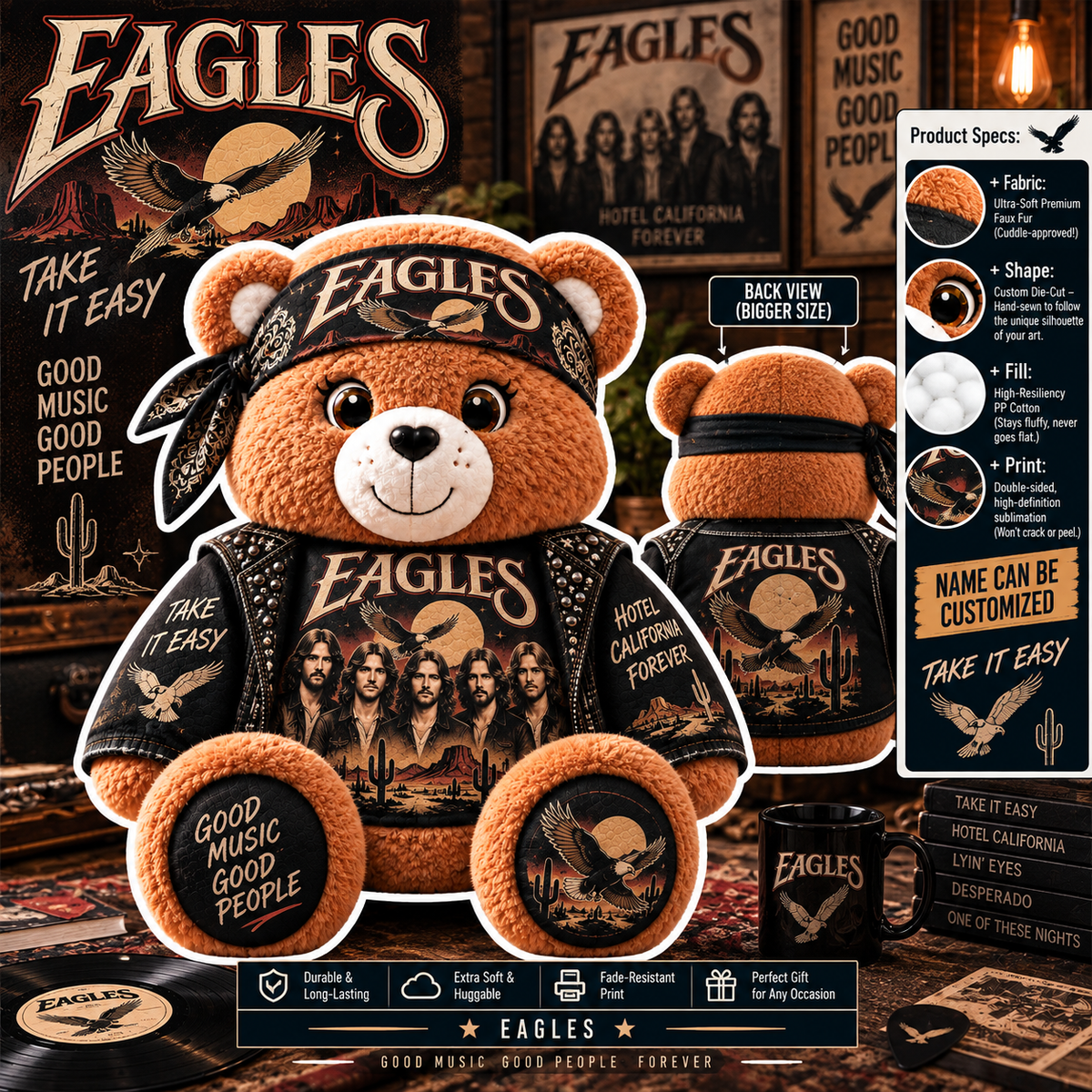 Eagles Custom Shaped Bear Pillow – Hotel California Take It Easy Classic Rock Music Inspired Gift for Eagles Fans