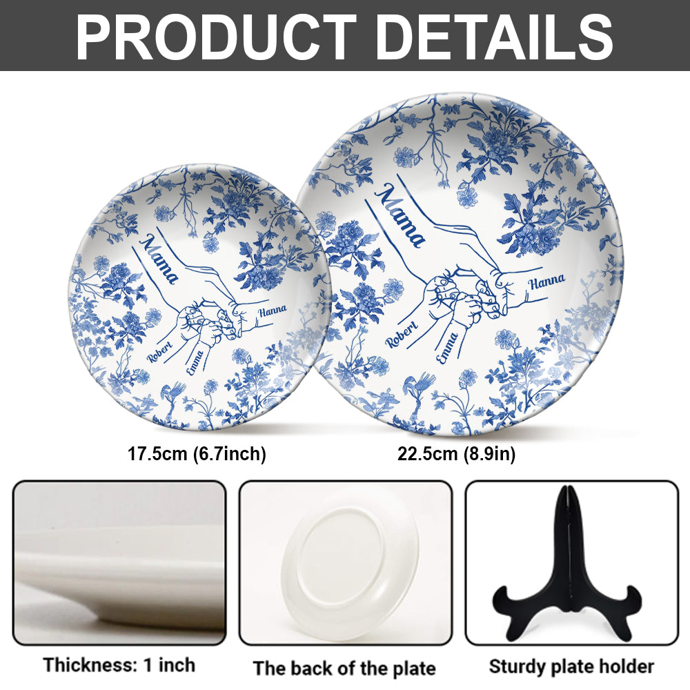 White & Blue Mother Children Hands - Personalized Mother Ceramic Round Plate