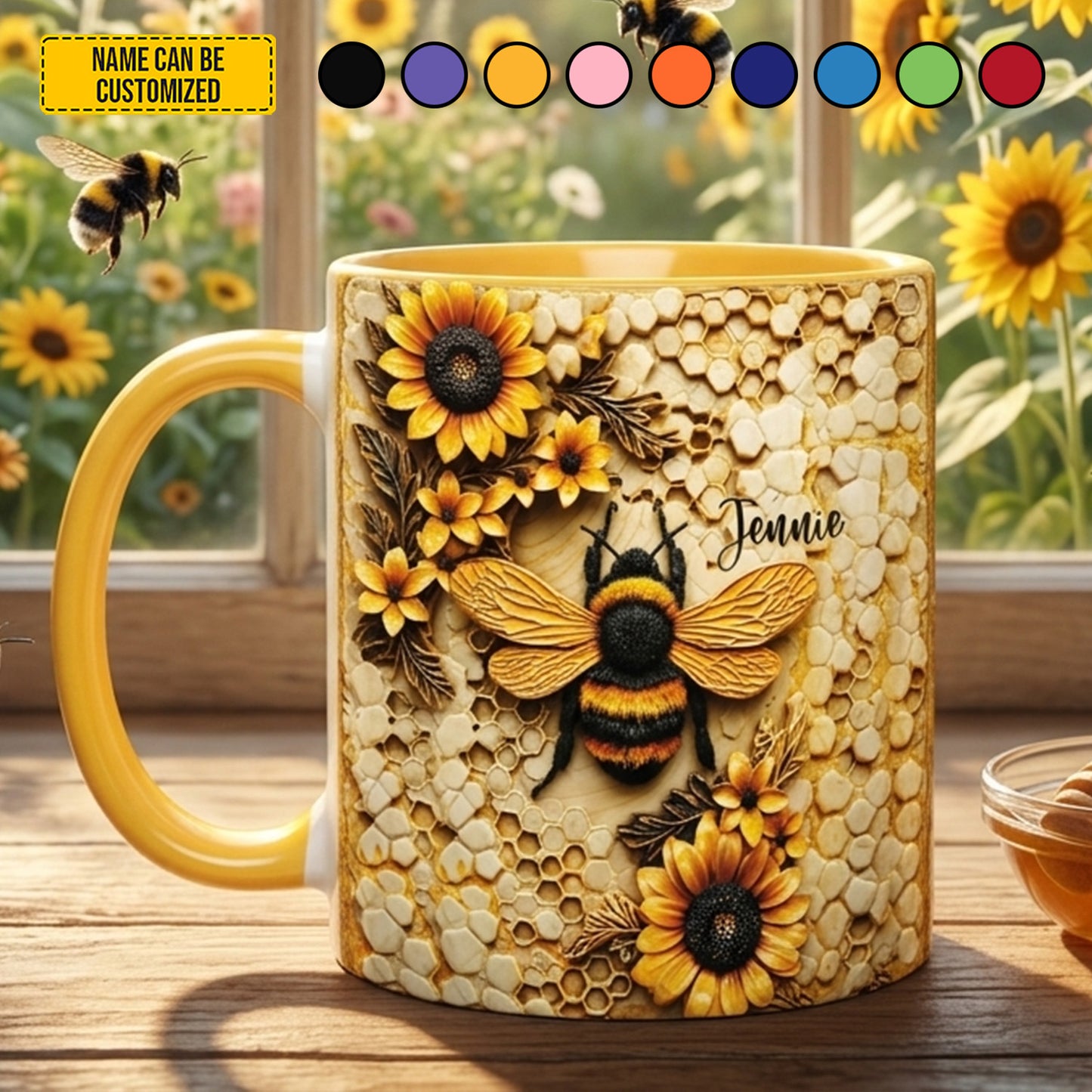 Personalized Bee & Sunflower Accent Mug