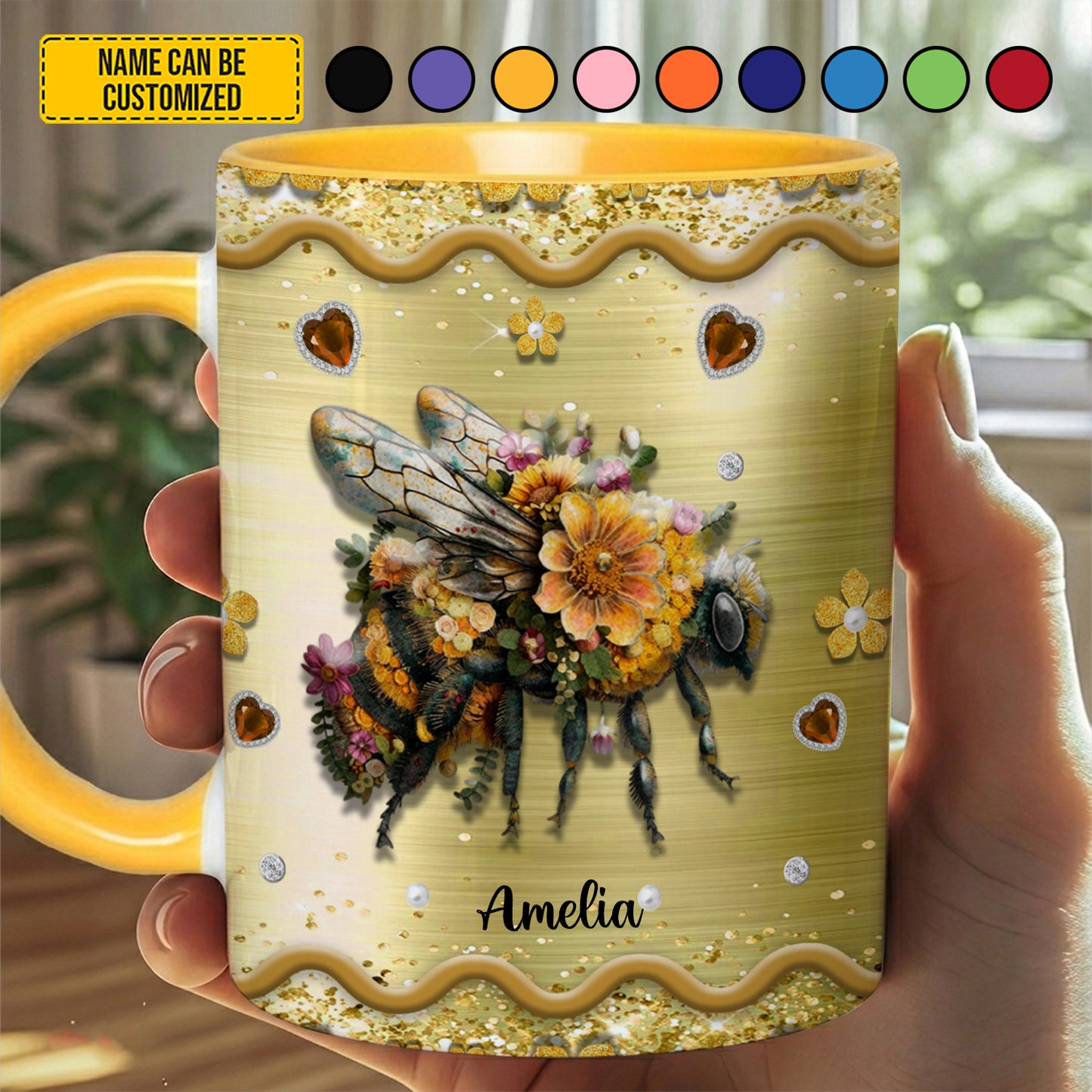 Personalized Floral Bee Accent Mug