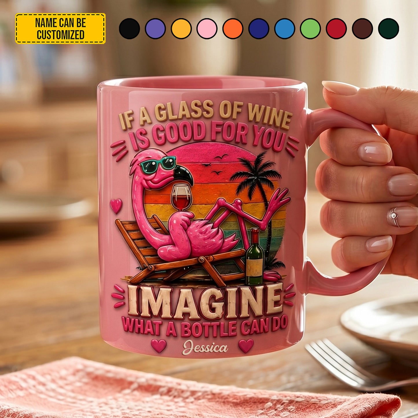 Flamingo & Wine Vibes - Personalized Funny Accent Mug