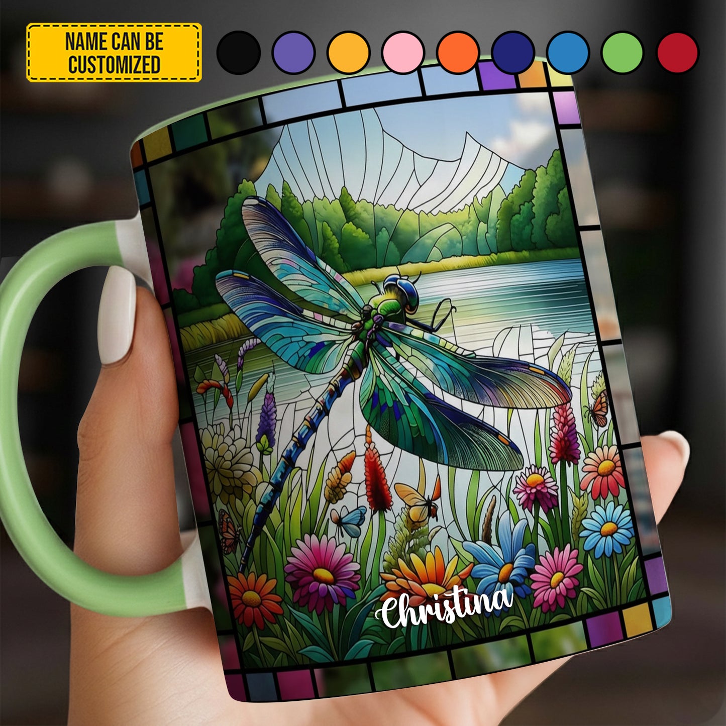 Dragonfly With Flowers - Personalized Dragonfly Accent Mug