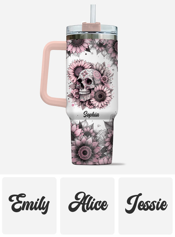 Sunflower Skull - Personalized Skull Tumbler With Handle 40oz