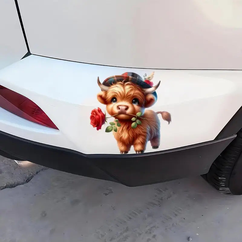 Cool & Fun Highland Cow with Rose Sticker
