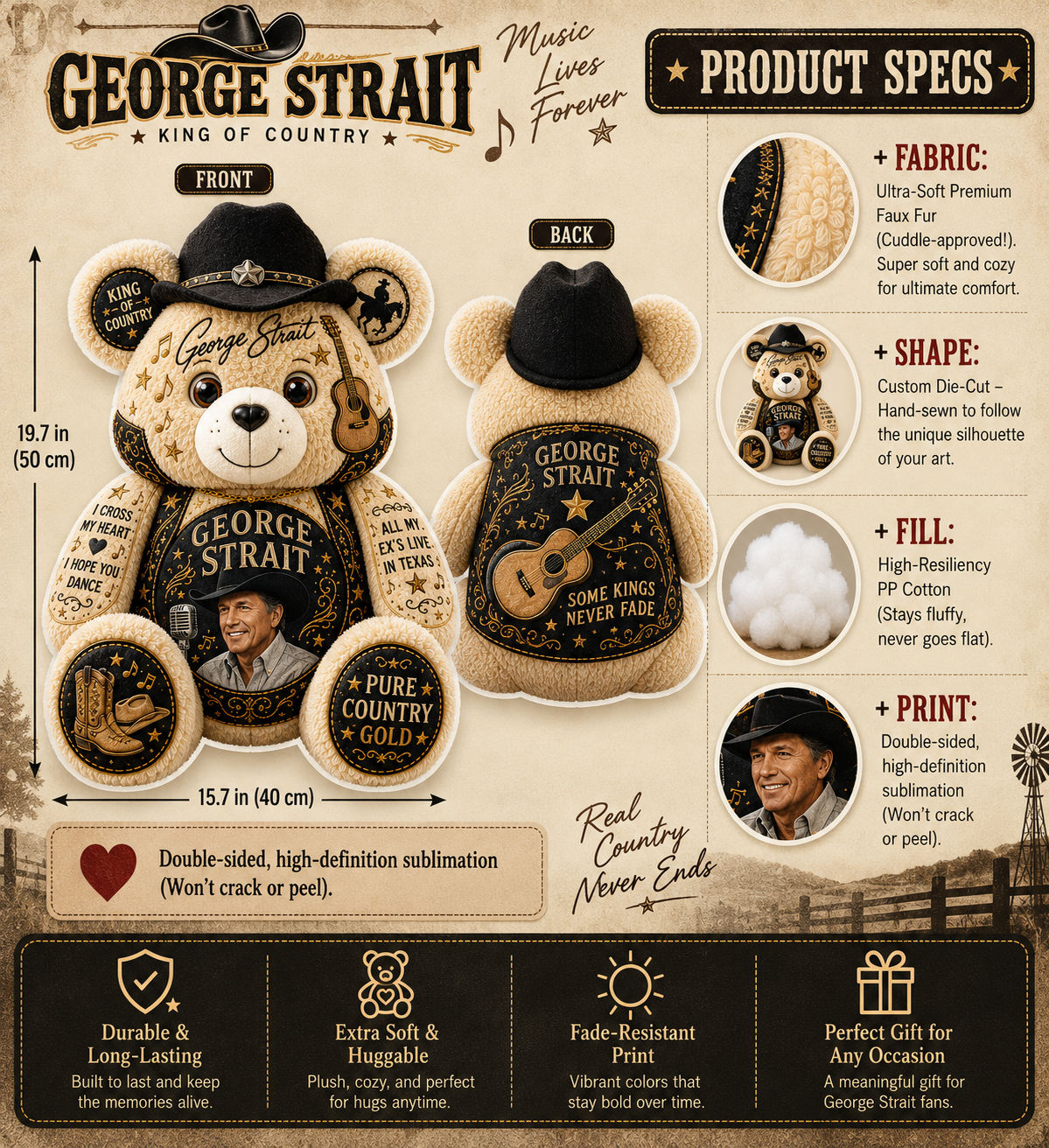 George Strait Bear Custom Shaped Pillow – King of Country, Pure Country Music Fan Gift