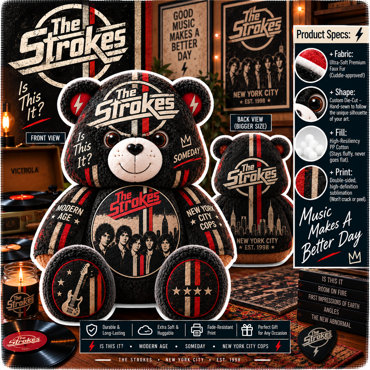 The Strokes Custom Shaped Bear Pillow – Indie Rock Music Inspired Gift for The Strokes Fans