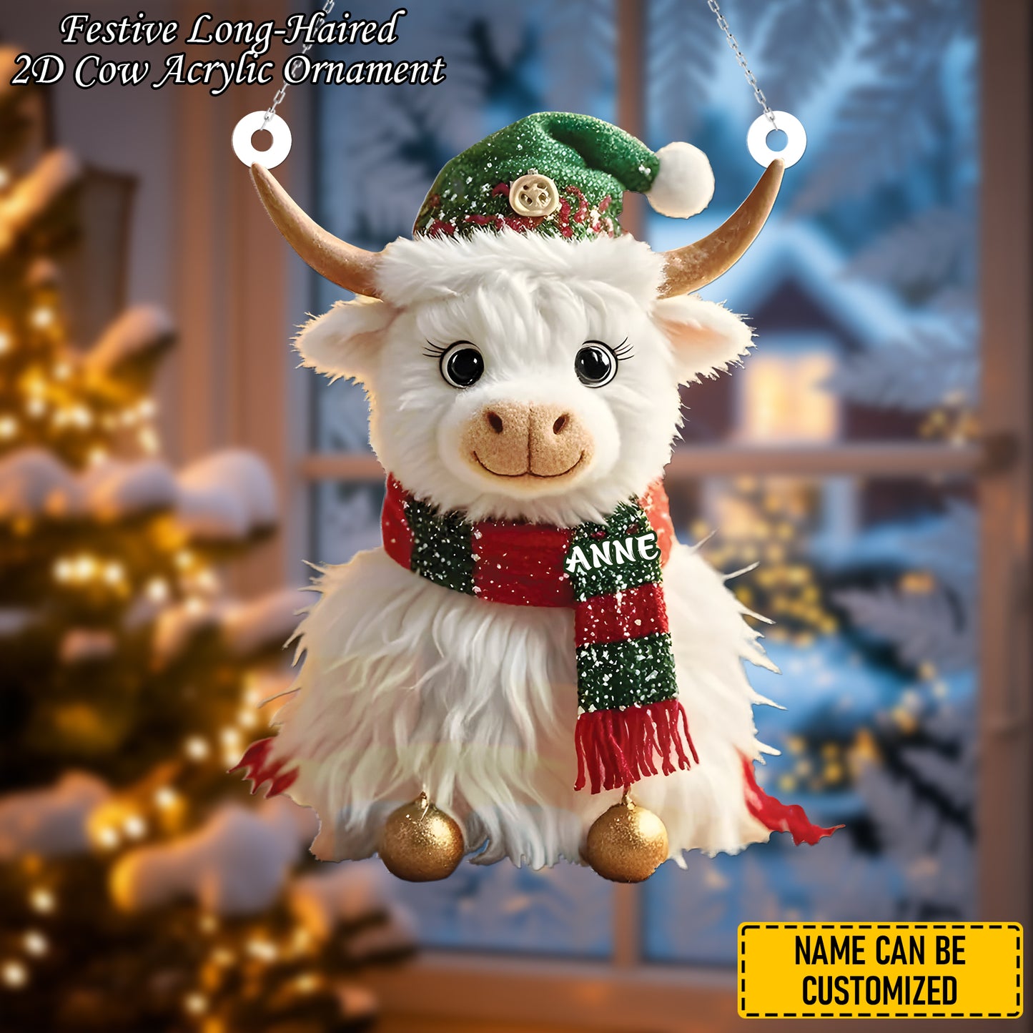 Festive Long-Haired Cow - Personalized Cow Ornament