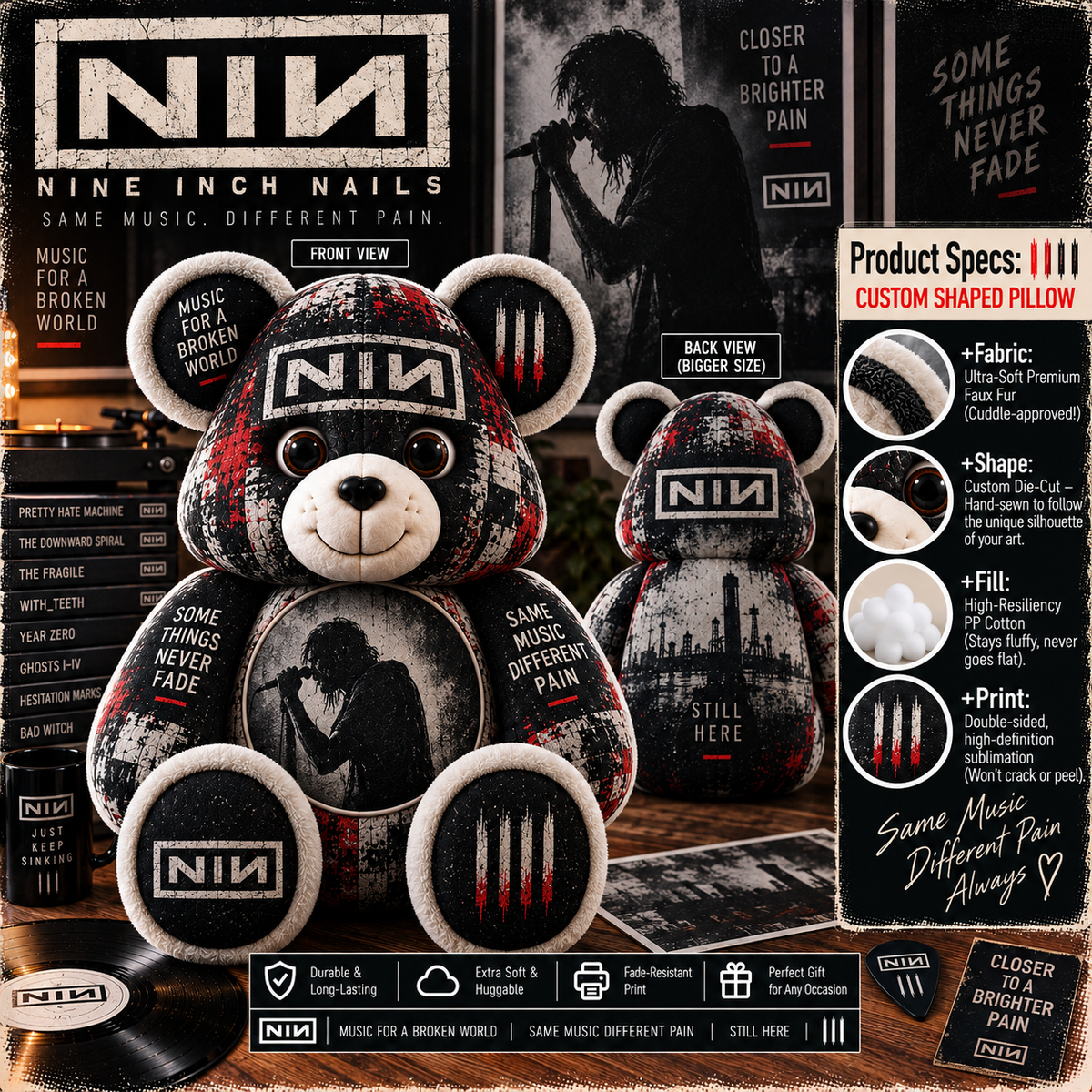 Nine Inch Nails Custom Shaped Bear Pillow – Industrial Rock Music Inspired Gift for Fans