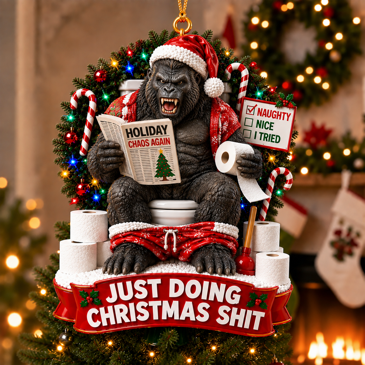 King Kong Just Doing Christmas Shit Ornament – Funny Gorilla Christmas Decor, Monster Fan Holiday Gift
