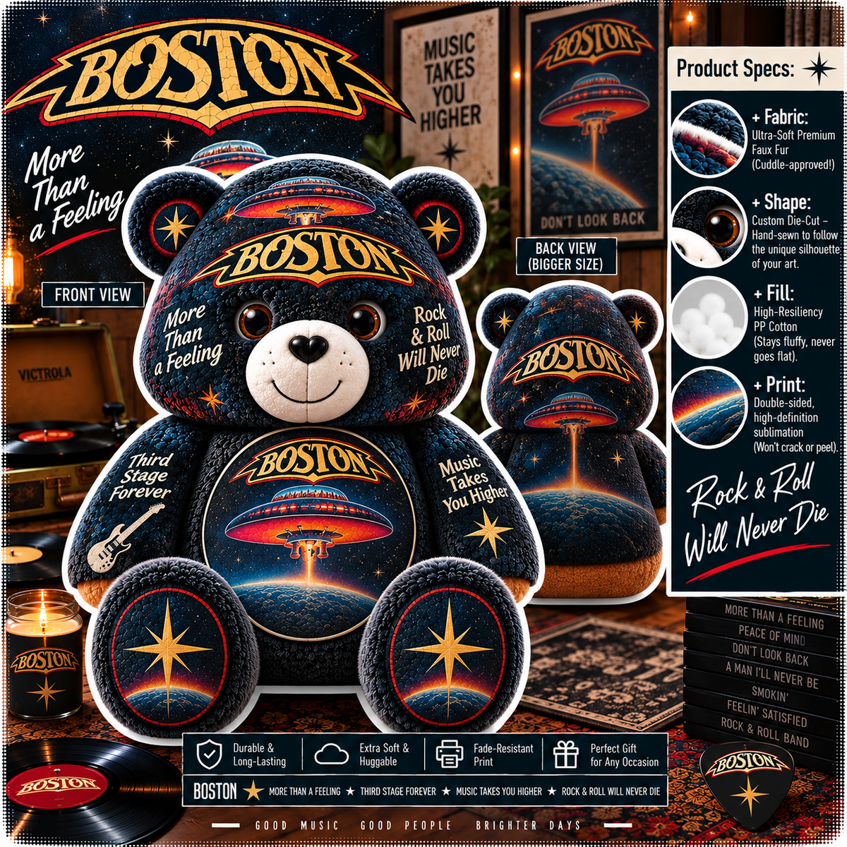 Boston Custom Shaped Bear Pillow – Classic Rock Music Inspired Gift for Boston Fans
