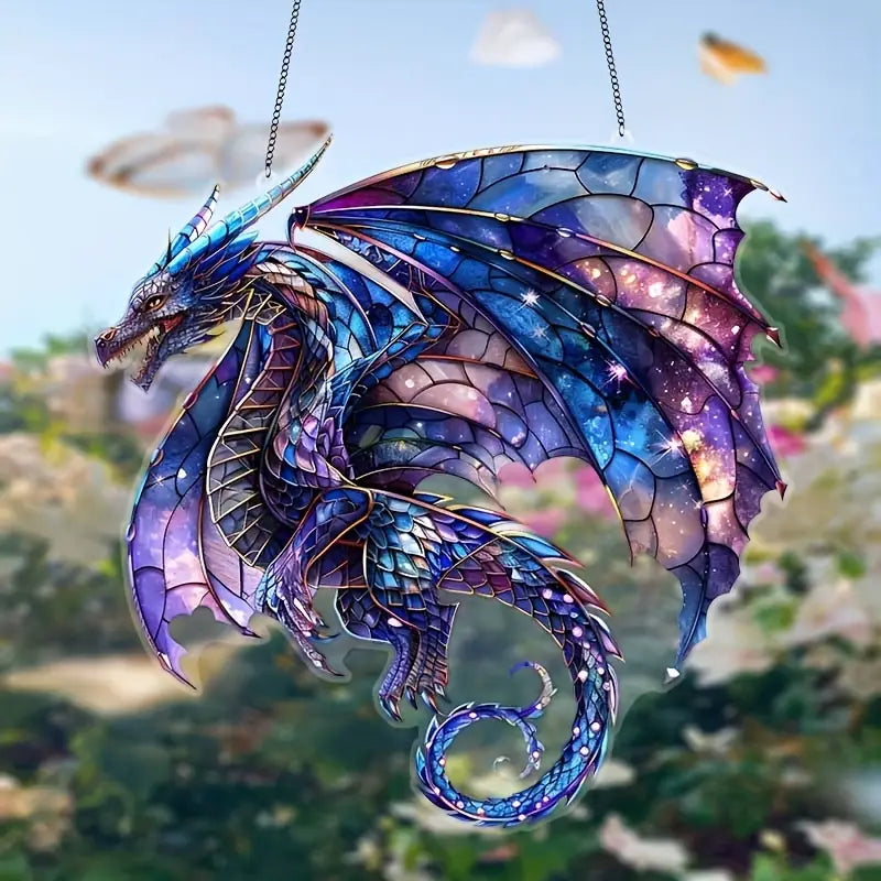 Purple Flying Dragon Stained Glass Window Hanging