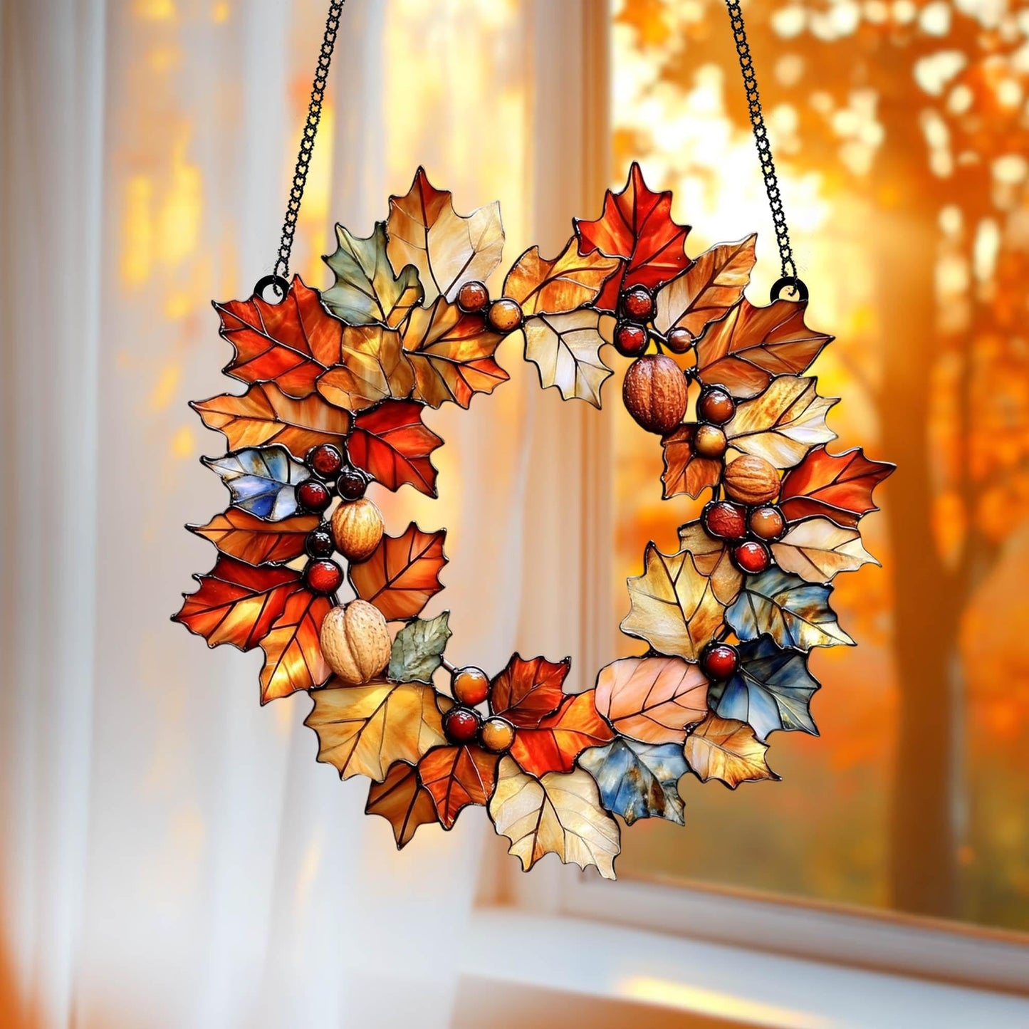 Fall Leaves Wreath Acrylic Window Hanging, Acrylic Window Hanging