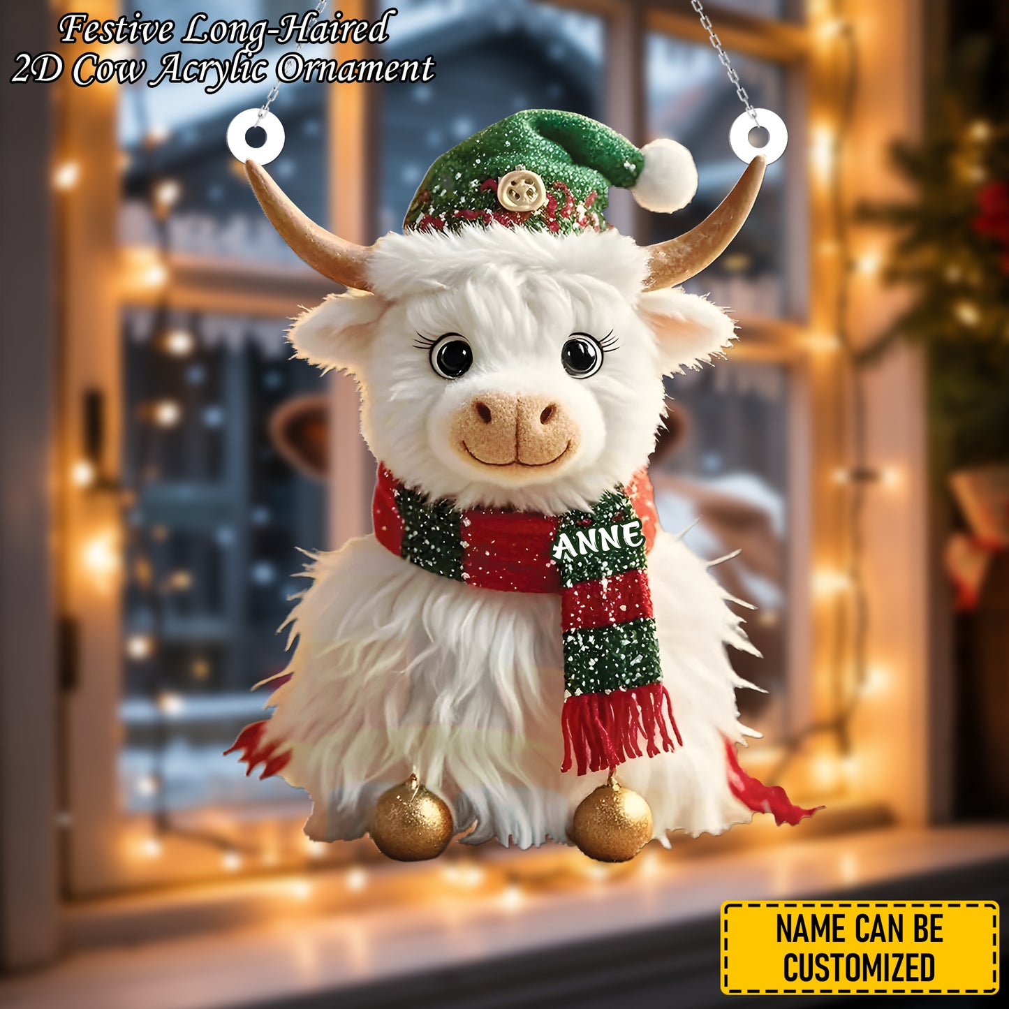 Festive Long-Haired Cow - Personalized Cow Ornament