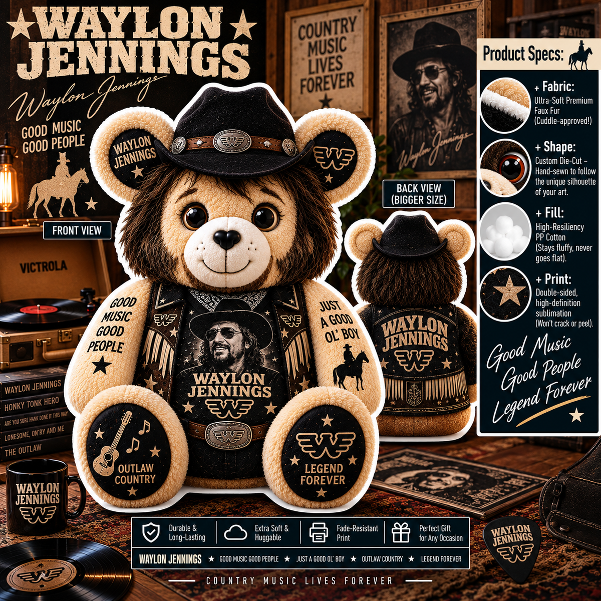 Waylon Jennings Custom Shaped Bear Pillow – Outlaw Country Music Inspired Gift for Waylon Jennings Fans