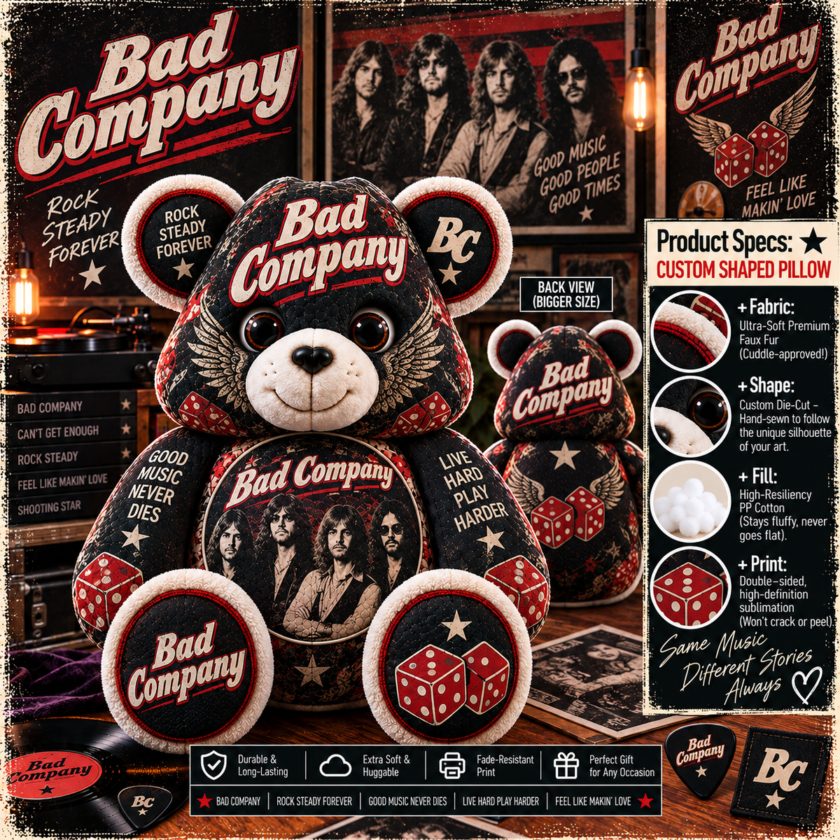 Bad Company Custom Shaped Bear Pillow – Classic Rock Music Inspired Gift for Fans