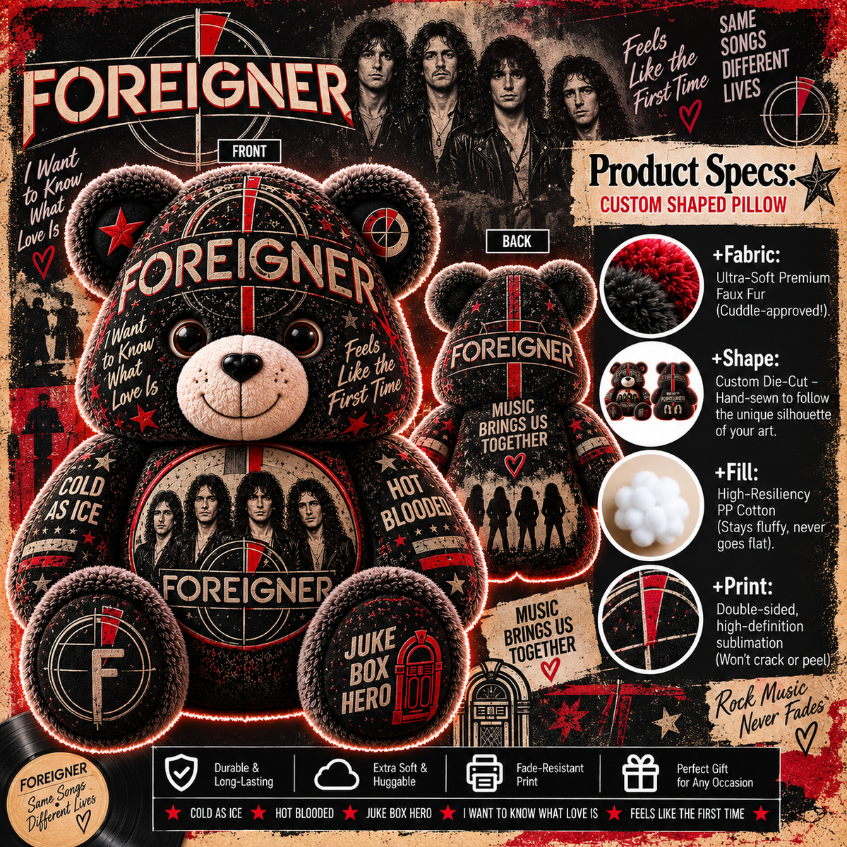 Foreigner Bear Custom Shaped Pillow – Classic Rock Music Fan Gift