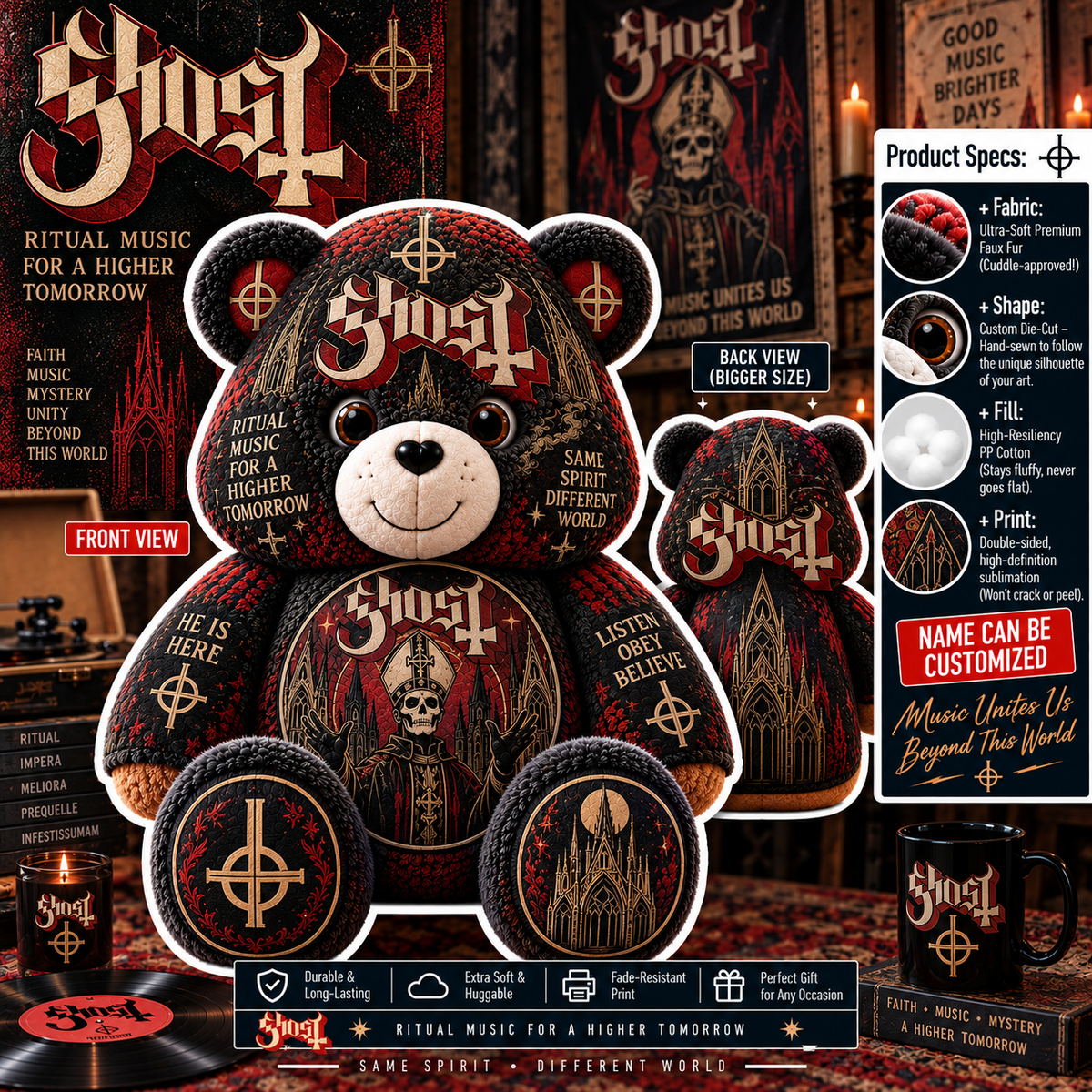 Ghost Custom Shaped Bear Pillow – Heavy Metal Music Inspired Gift for Ghost Fans