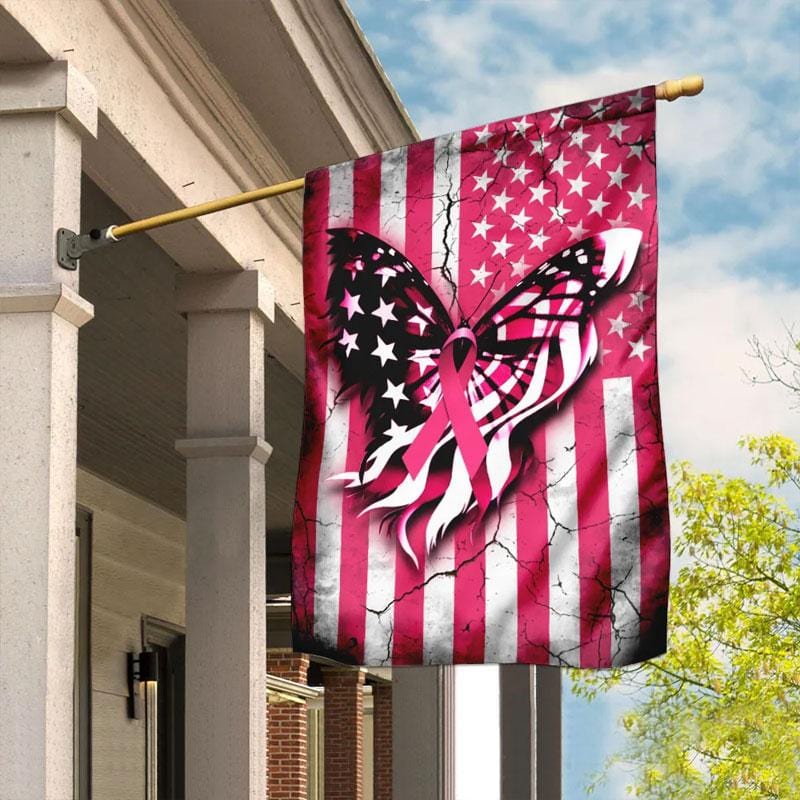 Pink Ribbon Butterfly American Flag - Breast Cancer Awareness House Flag