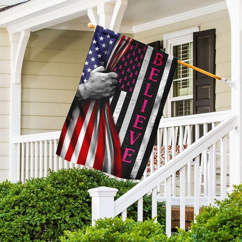 Believe Pink Ribbon American Flag - Breast Cancer Awareness House Flag