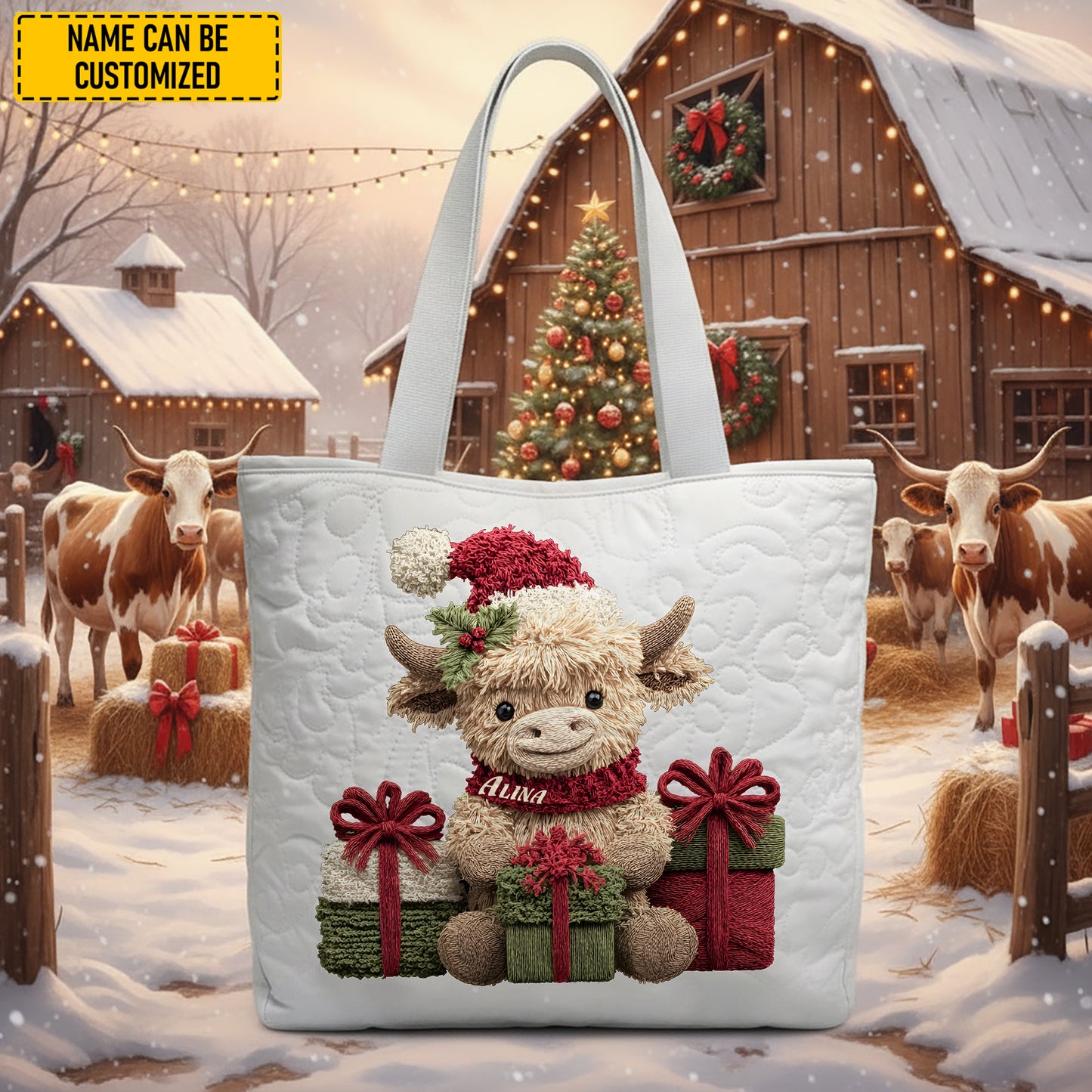 Personalized Highland Cow Christmas Tote Bag