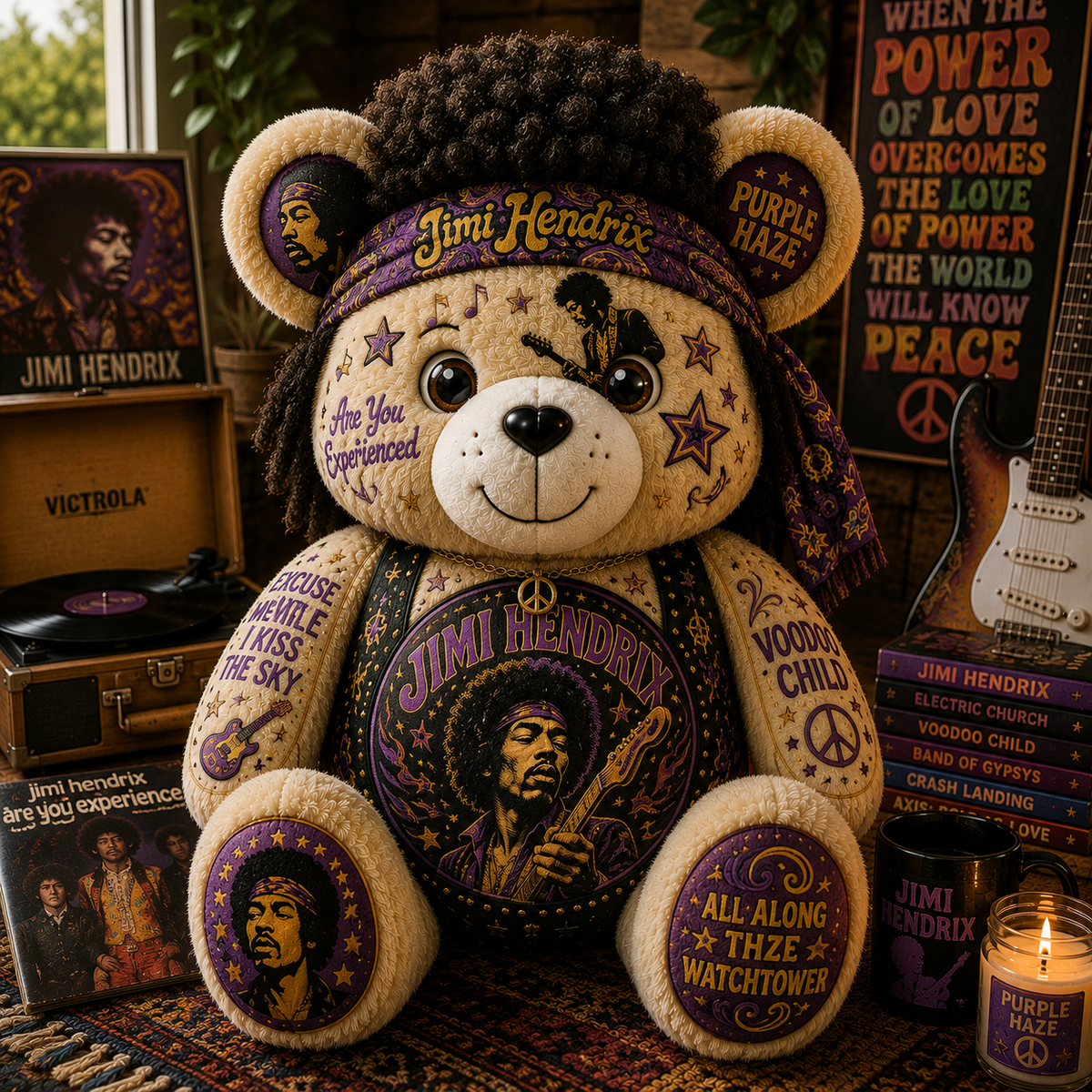 Jimi Hendrix Bear Custom Shaped Pillow – Purple Haze Rock Music Fan Gift