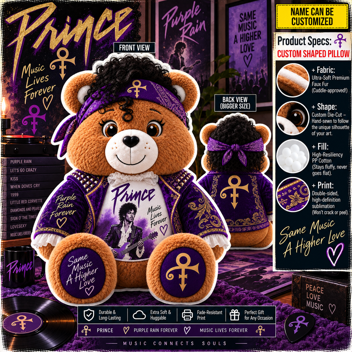 Prince Custom Shaped Bear Pillow – Purple Rain Inspired Gift for Prince Fans