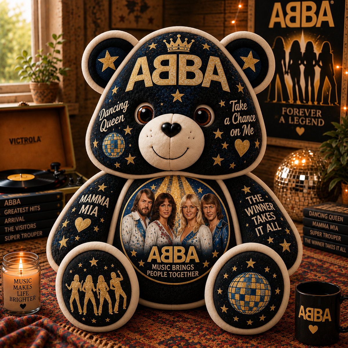 ABBA Dancing Queen Bear Custom Shaped Pillow – Music Fan Gift, 70s Pop Collectible